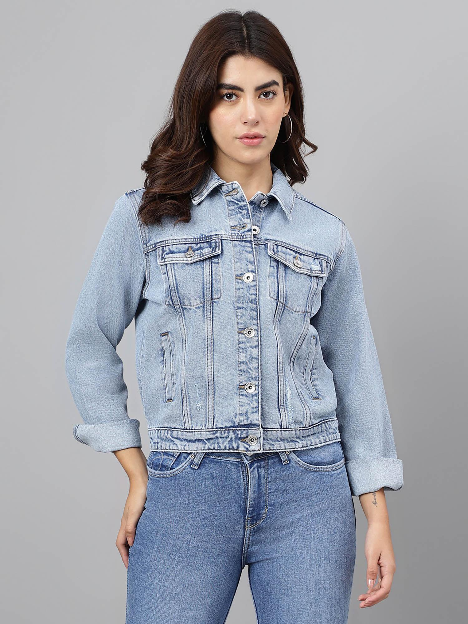 women blue denim spread collar jacket