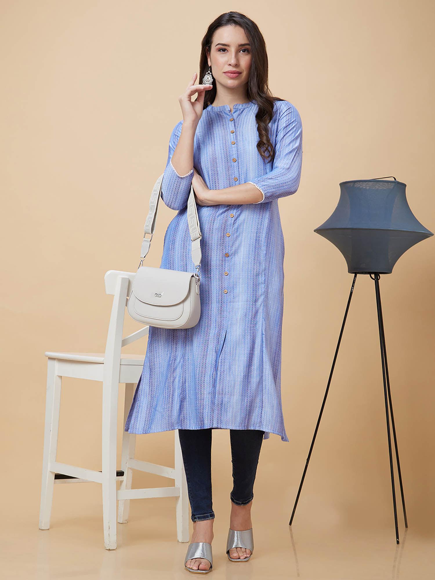 women blue dobby woven design mandarin collar a-line kurta