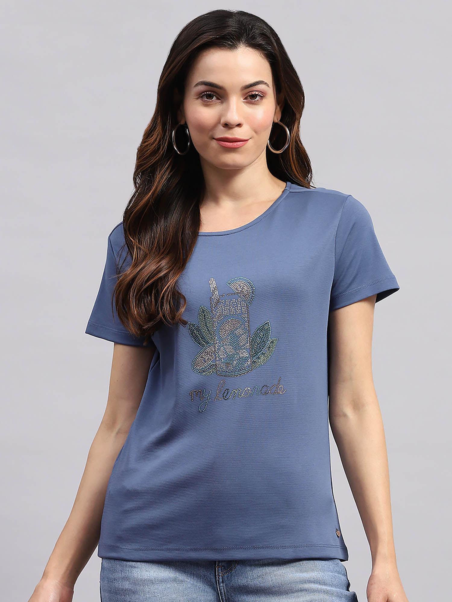 women blue embellished half sleeves round neck top