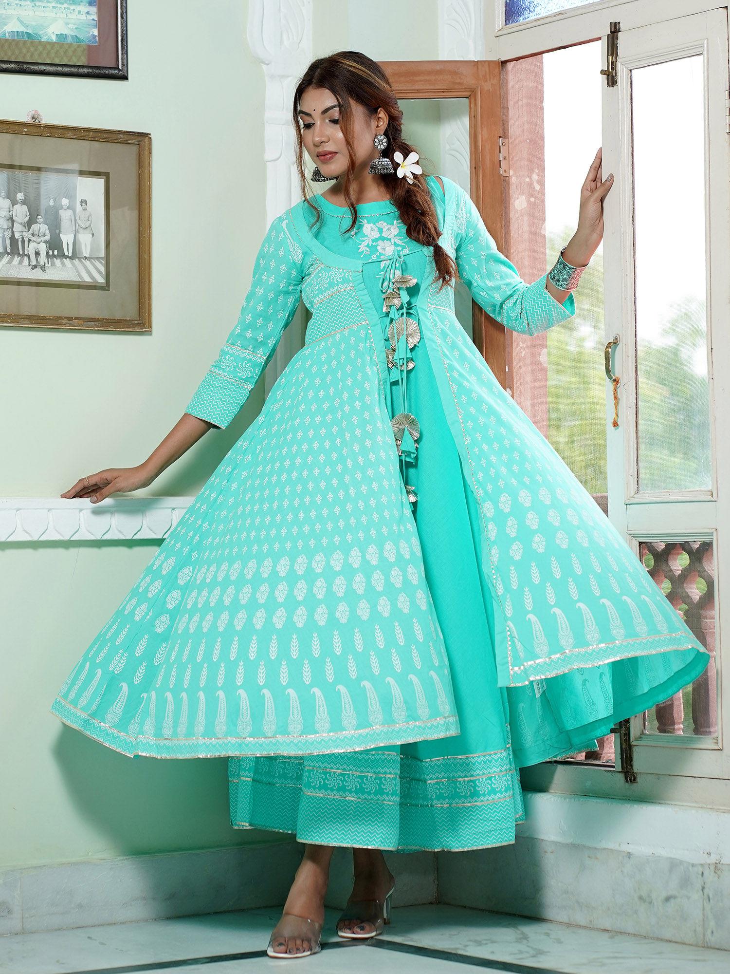 women blue embroidered double layered anarkali kurta