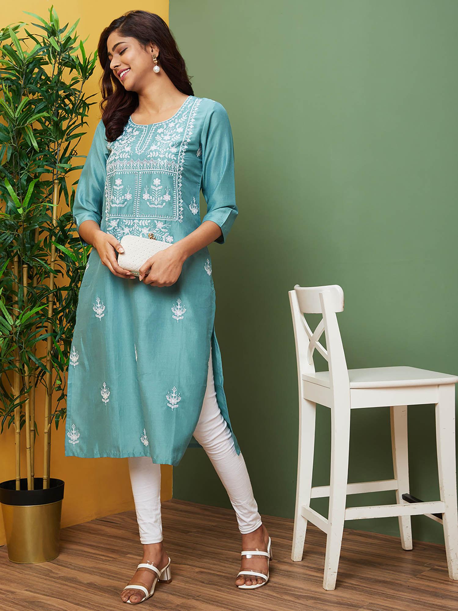 women blue embroidered round neck regular kurta