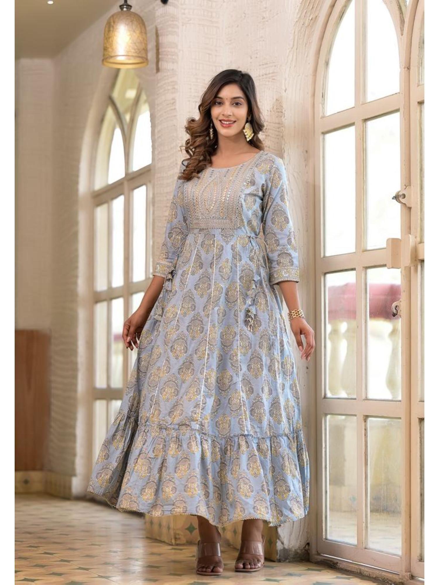 women blue ethnic motif mirror work embroidered yoke maxi dress