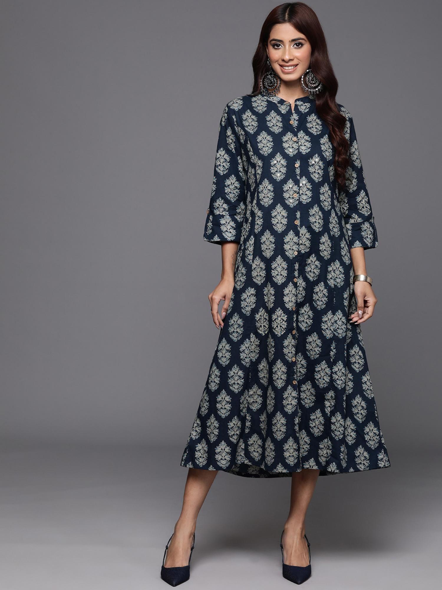 women blue ethnic motif printed a-line midi dress