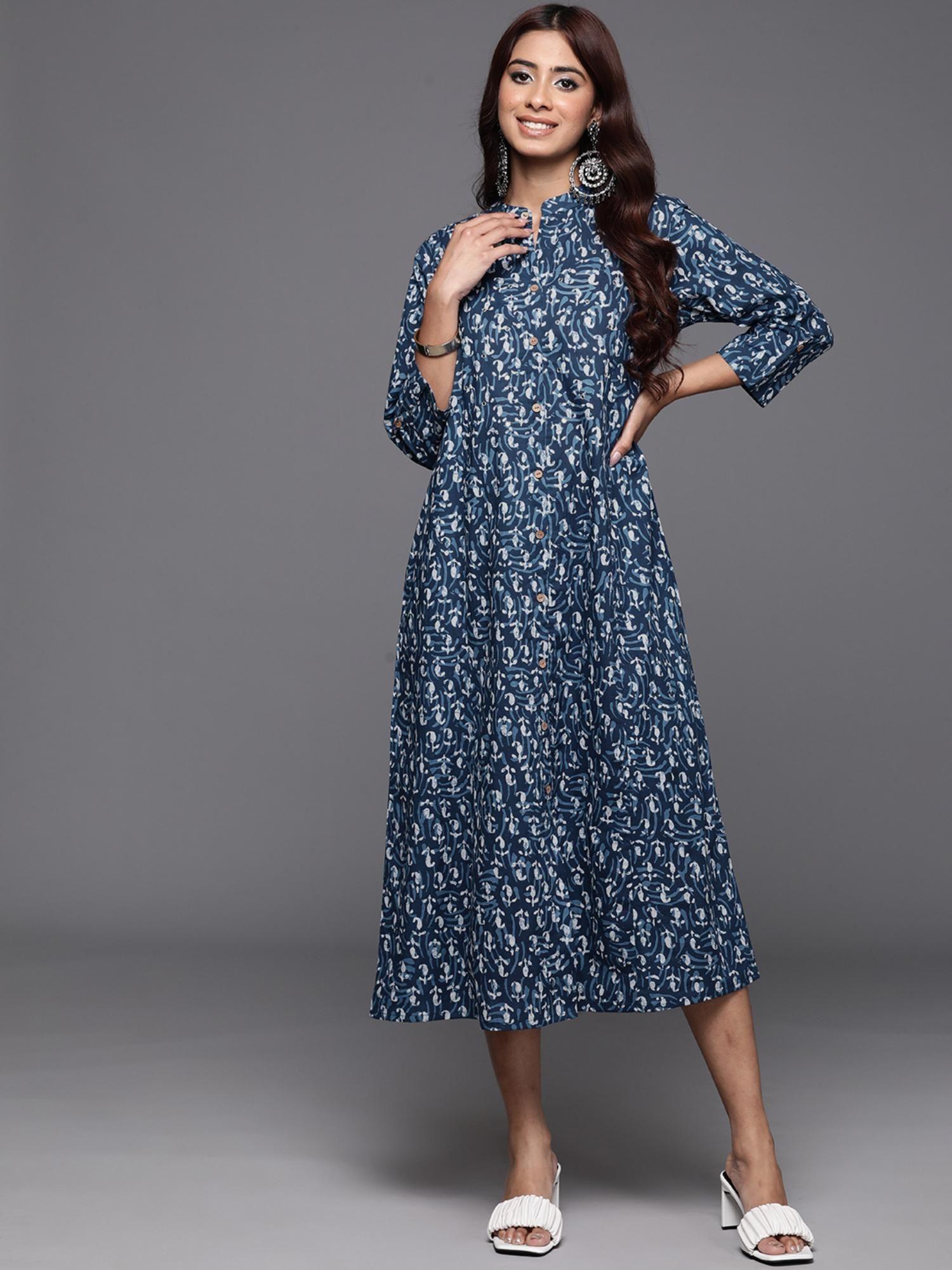 women blue ethnic motif printed a-line midi dress