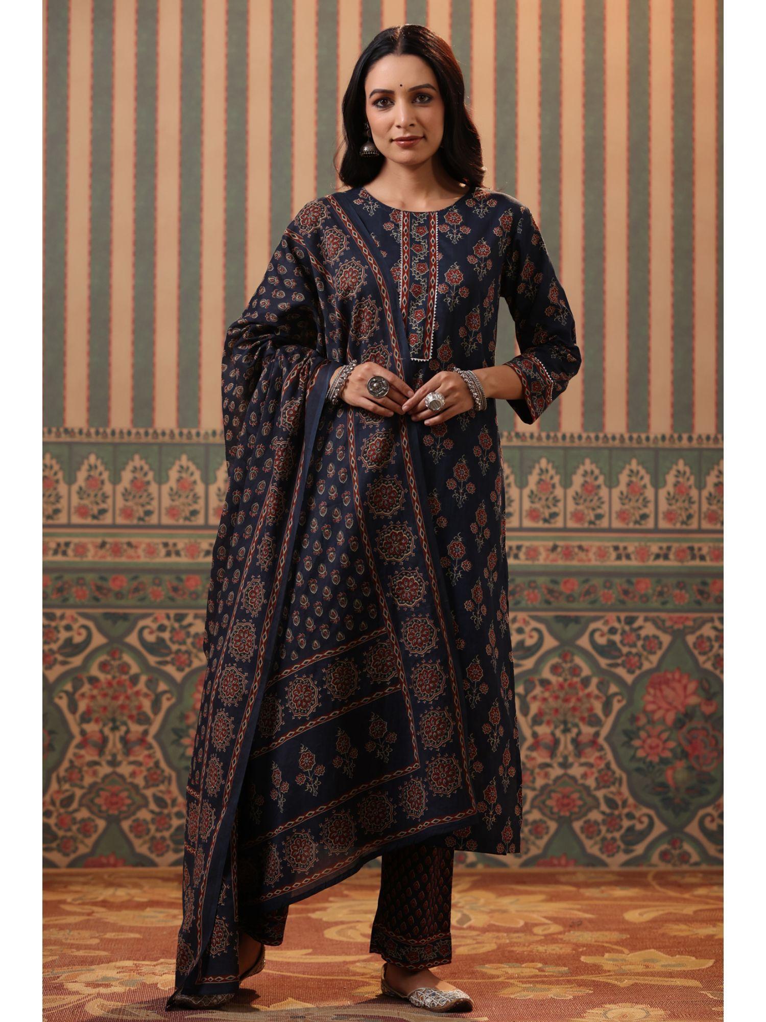 women blue ethnic printed straight kurta with palazzo and dupatta (set of 3)