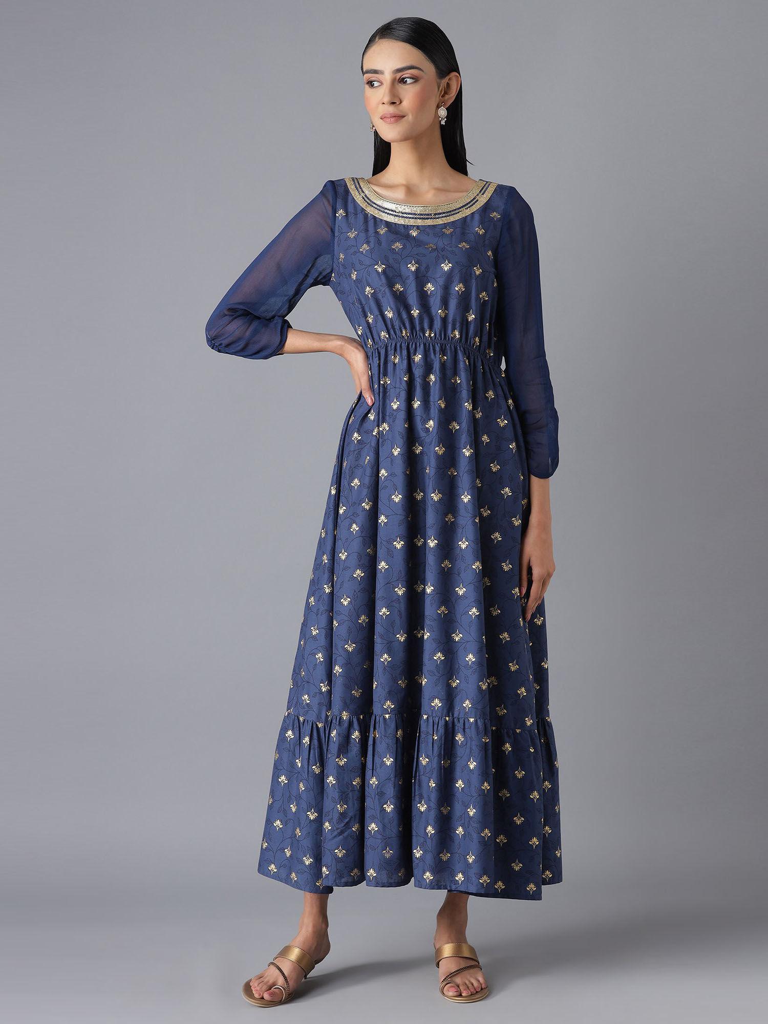 women blue festive floral print cotton dress