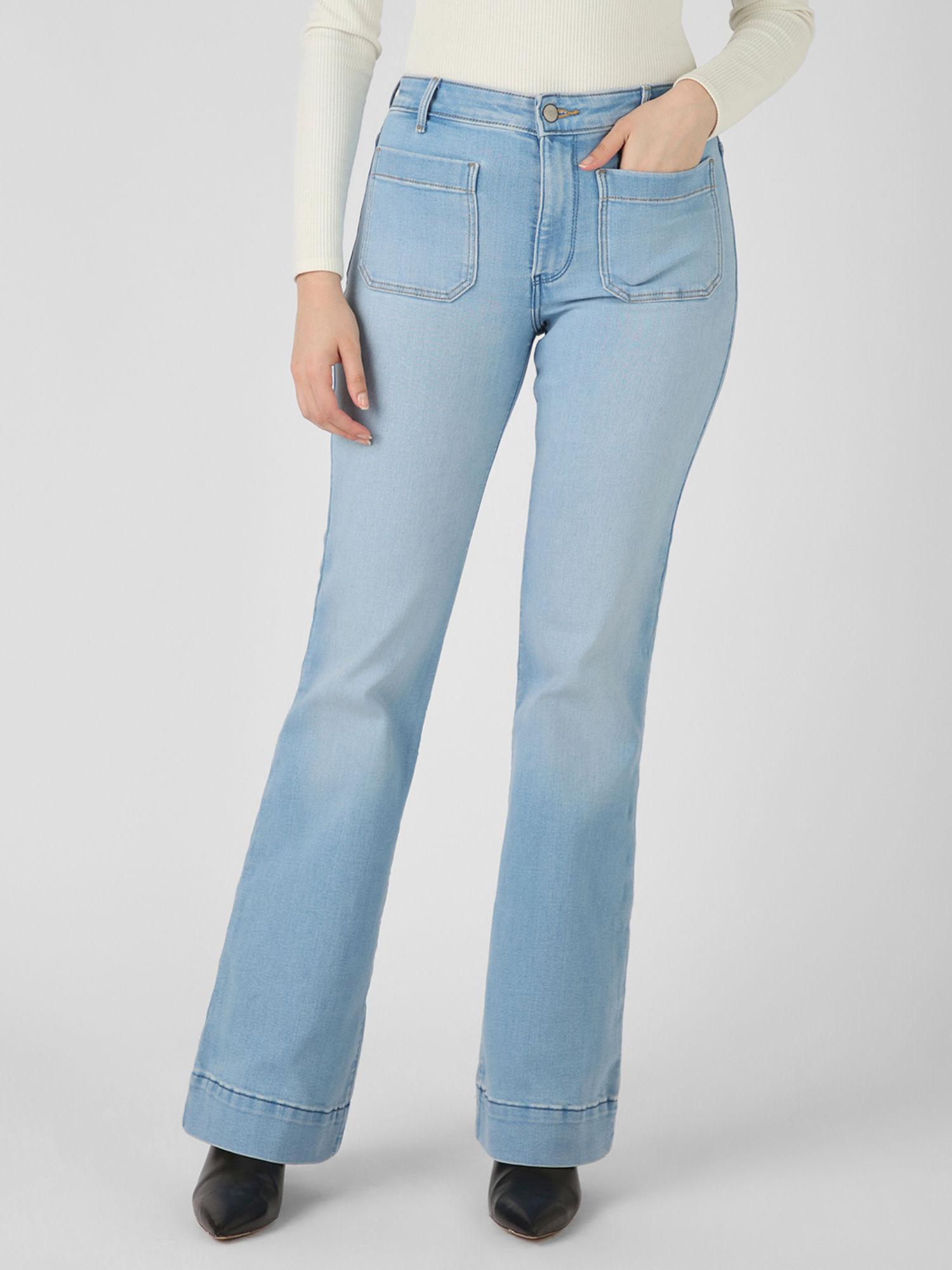 women blue flare high rise light fade jeans