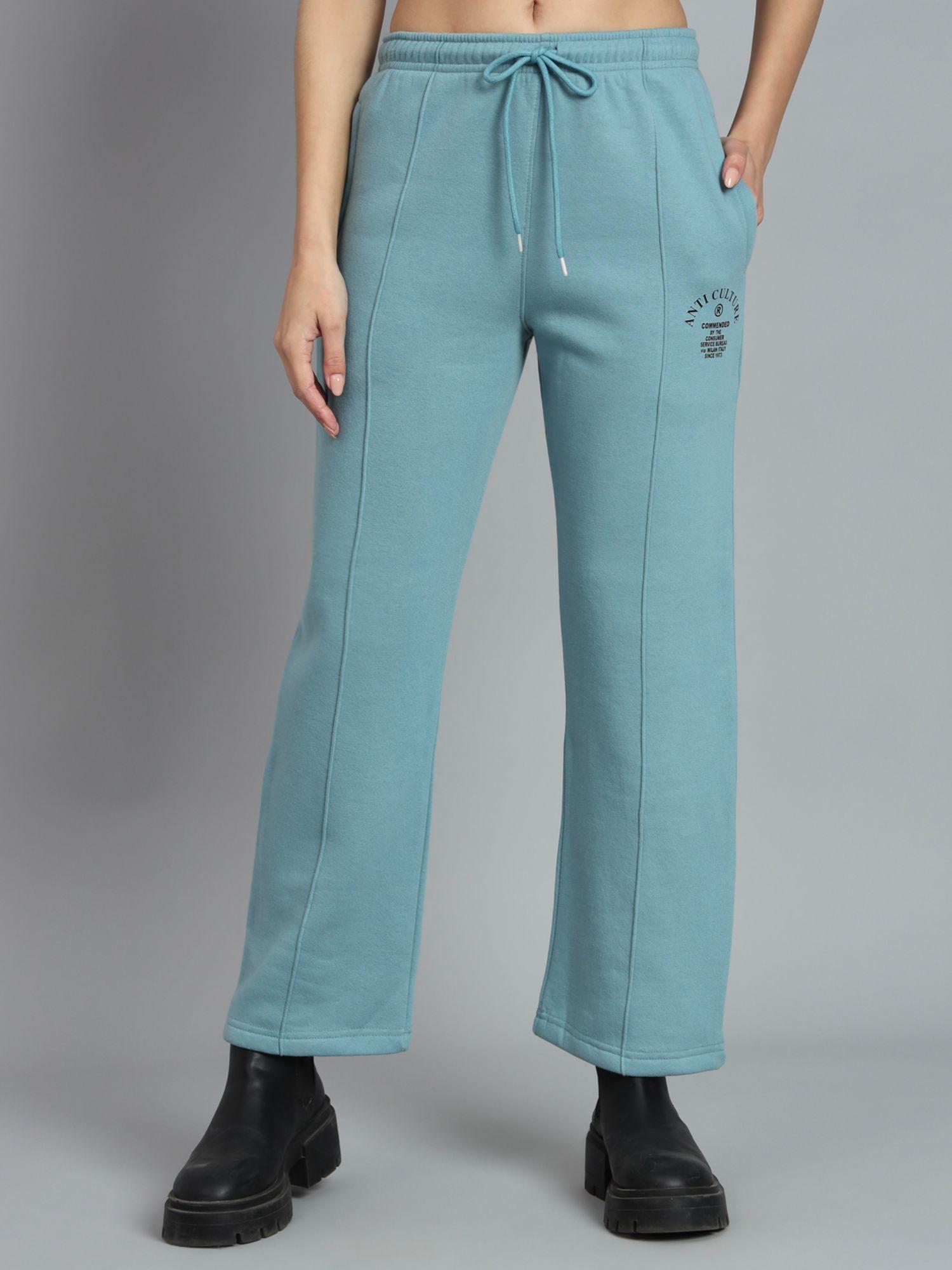 women blue fleece relaxed fit trousers