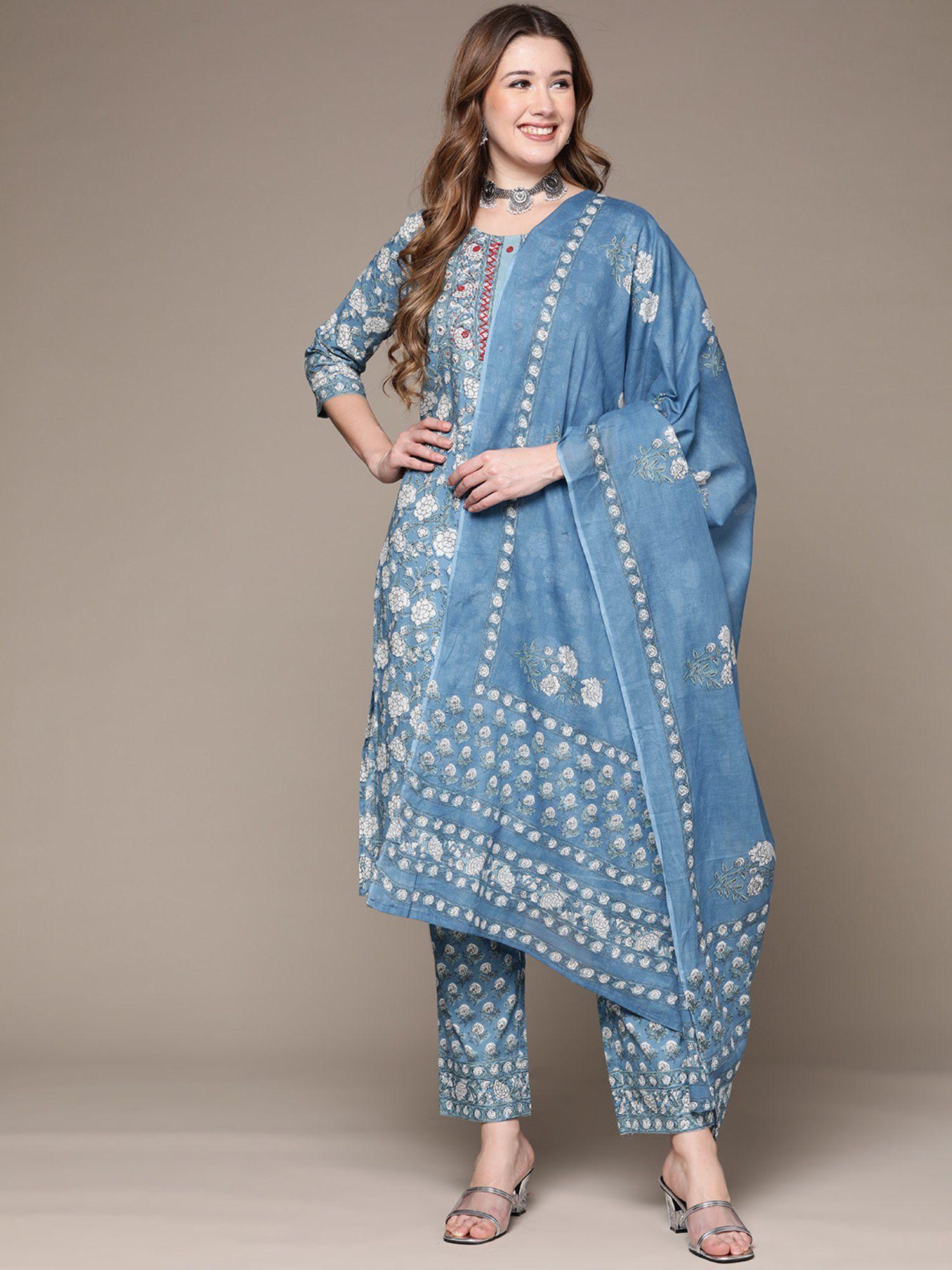 women blue floral cotton kurta with trousers & dupatta (set of 3)