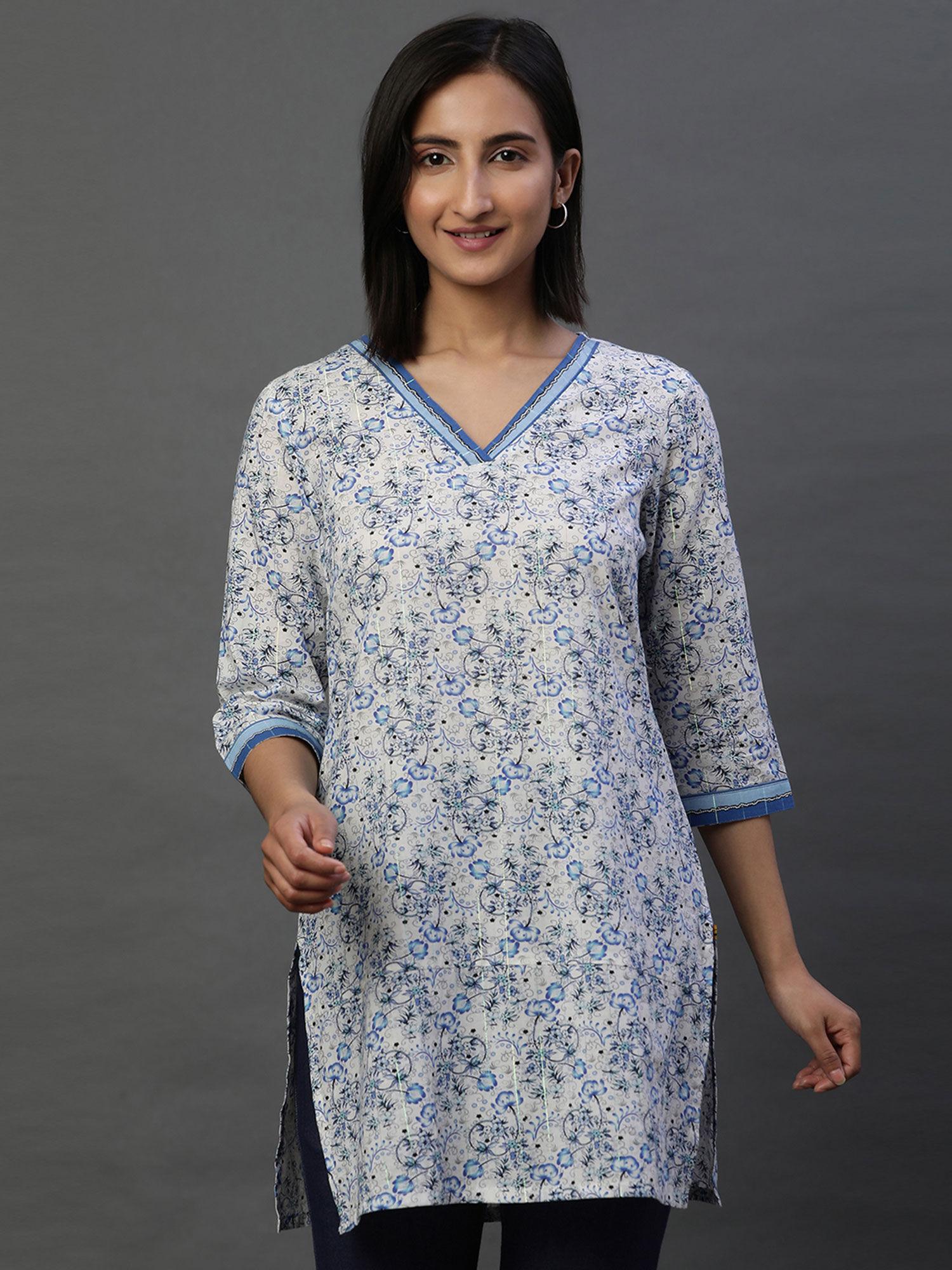 women blue floral cotton kurti