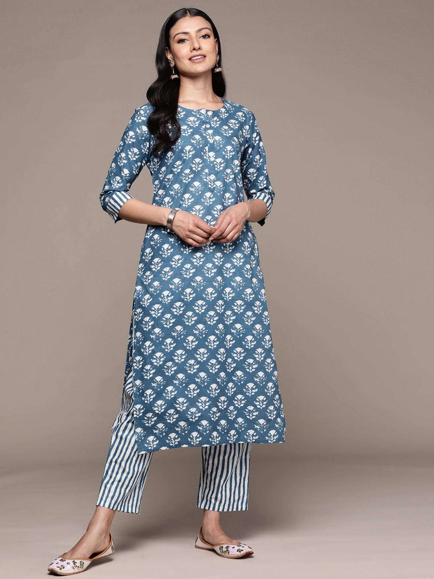 women blue floral cotton straight kurta with trousers (set of 2)