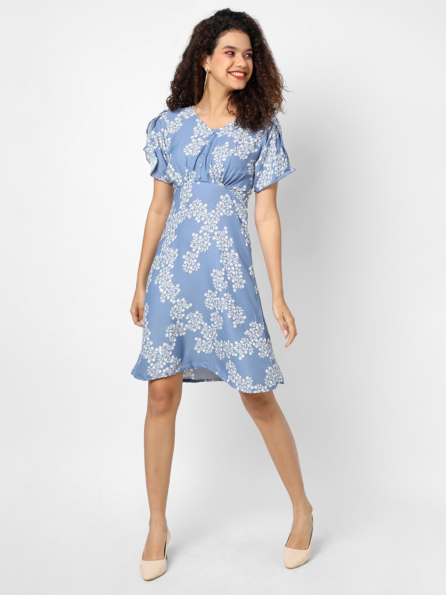 women blue floral fit and flare dresses