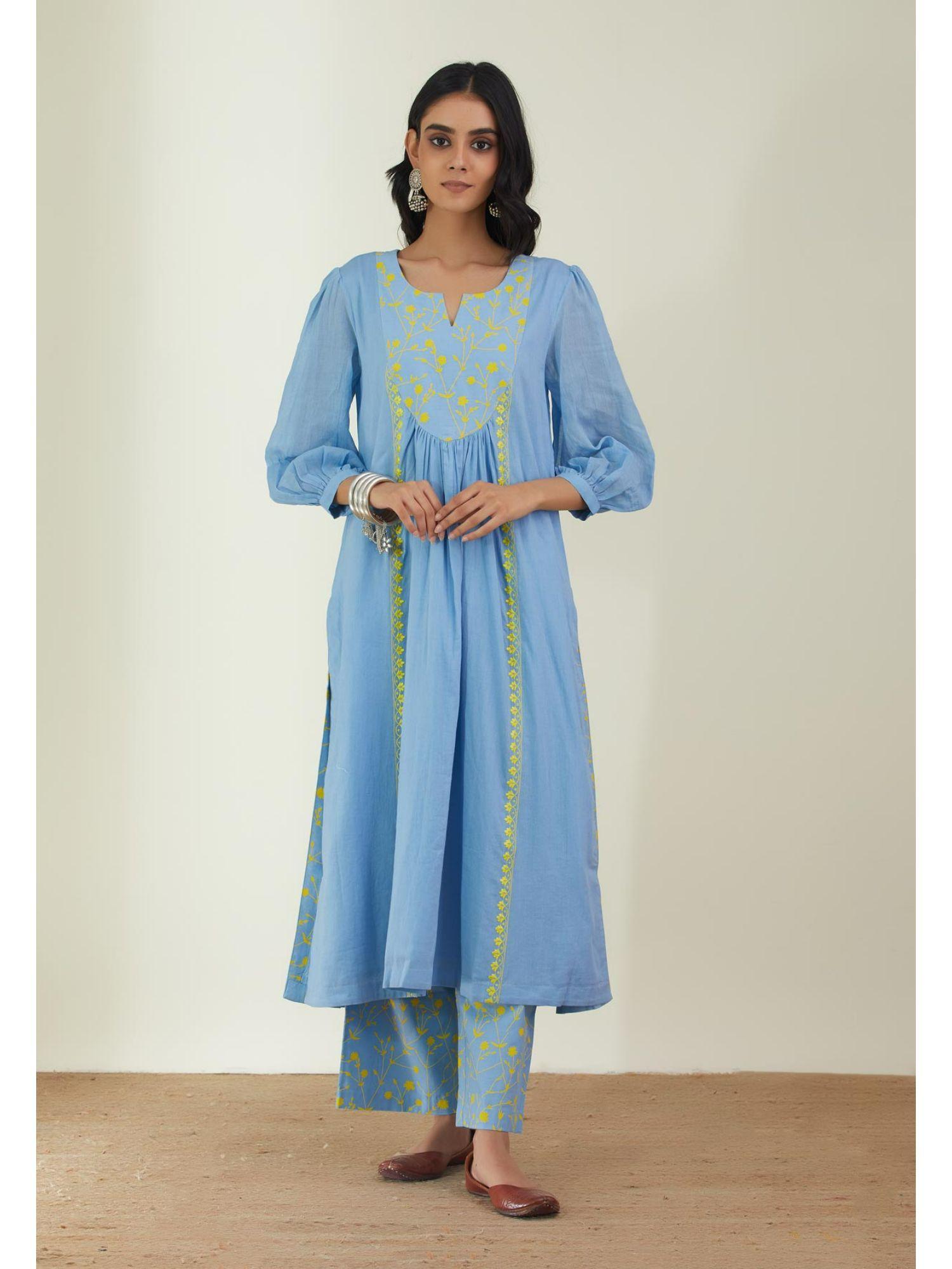 women blue floral kurta with pant (set of 2)