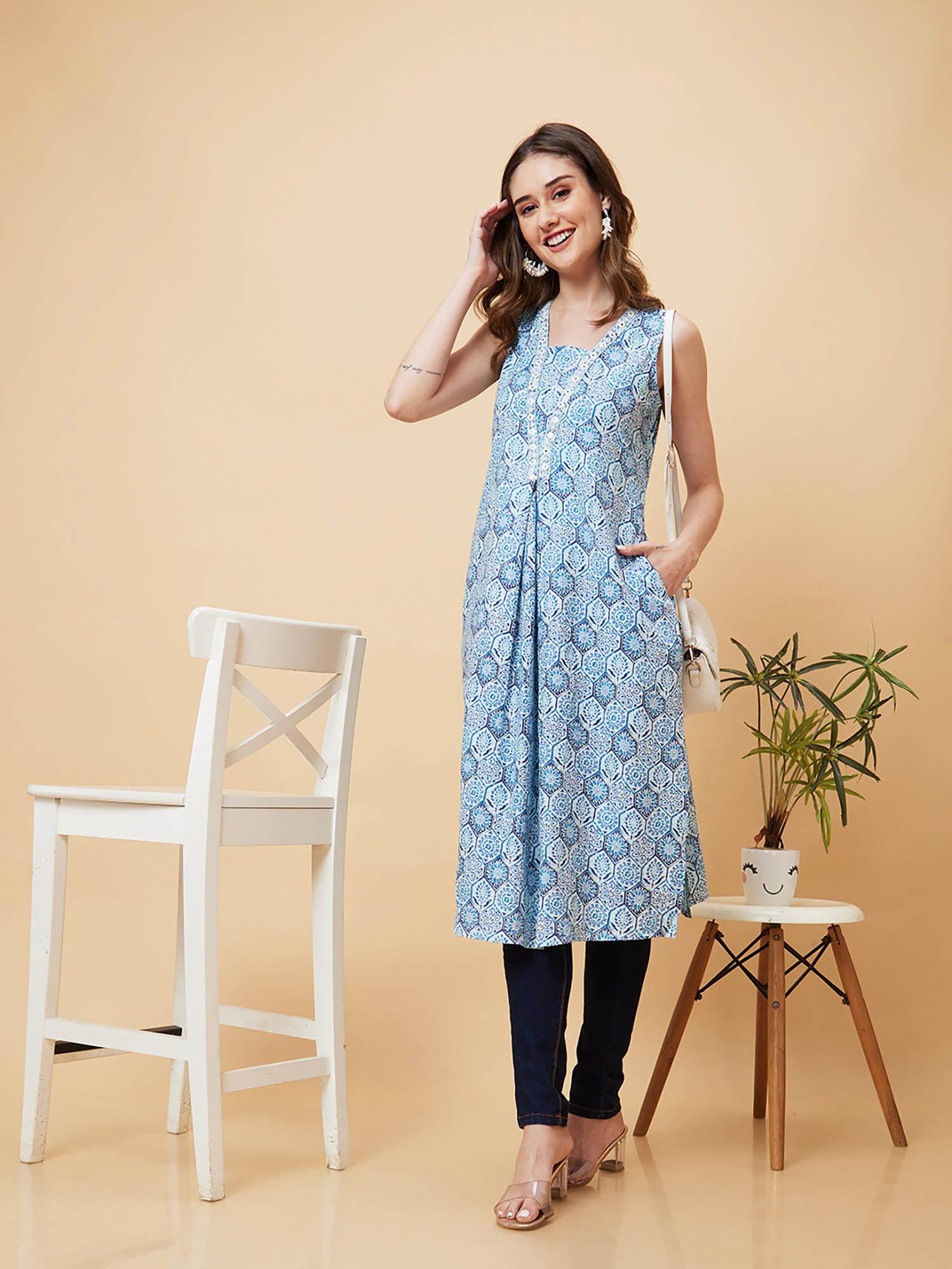 women blue floral print a-line fusion kurta