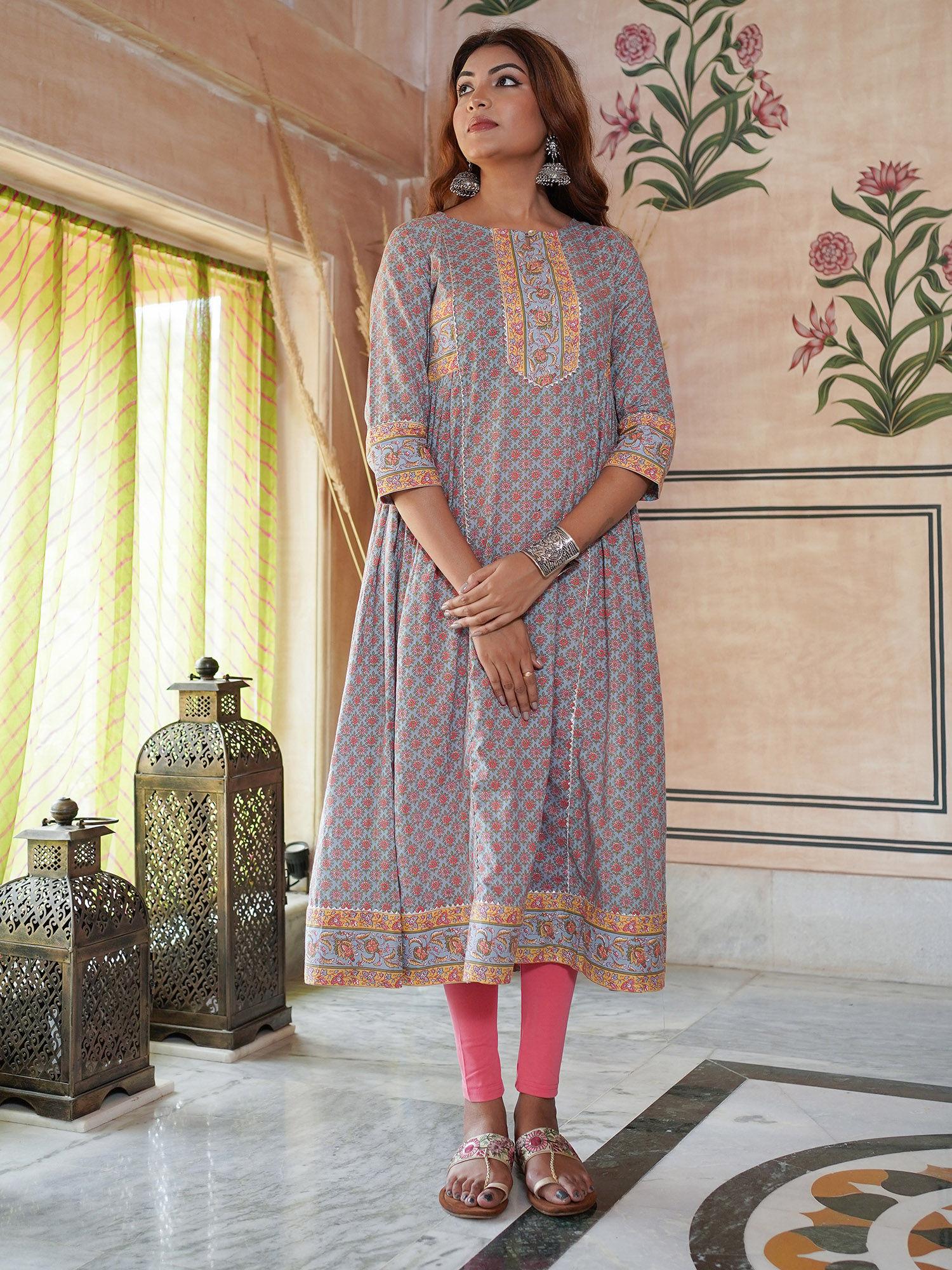 women blue floral print a-line kurta