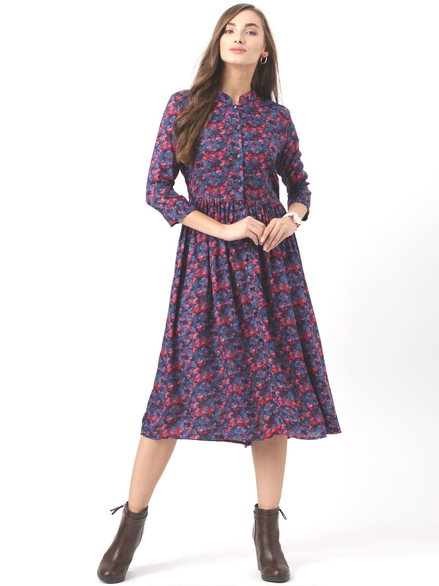 women blue floral print fit & flare dress