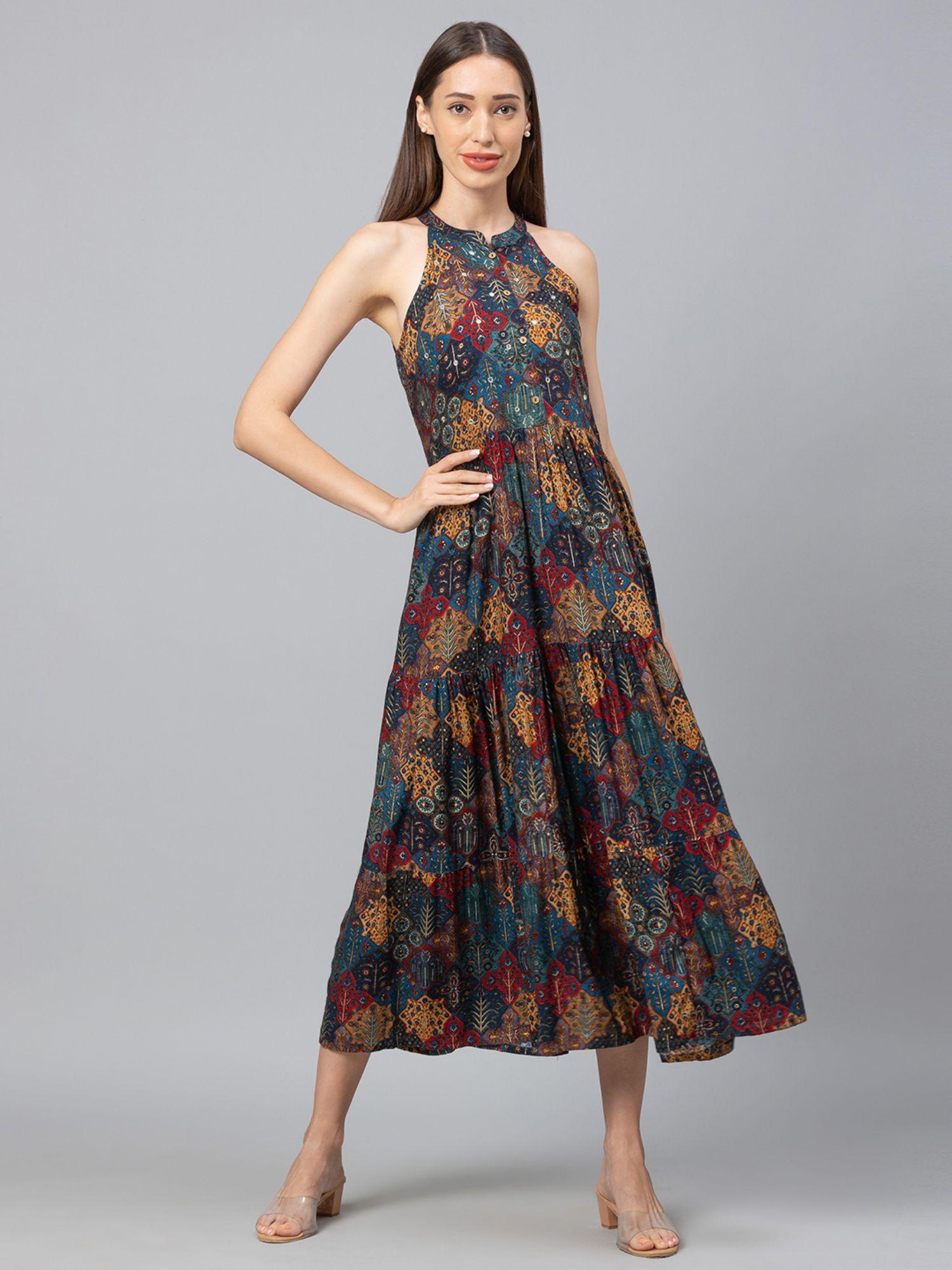 women blue floral print halter neck fit & flare tired midi dress