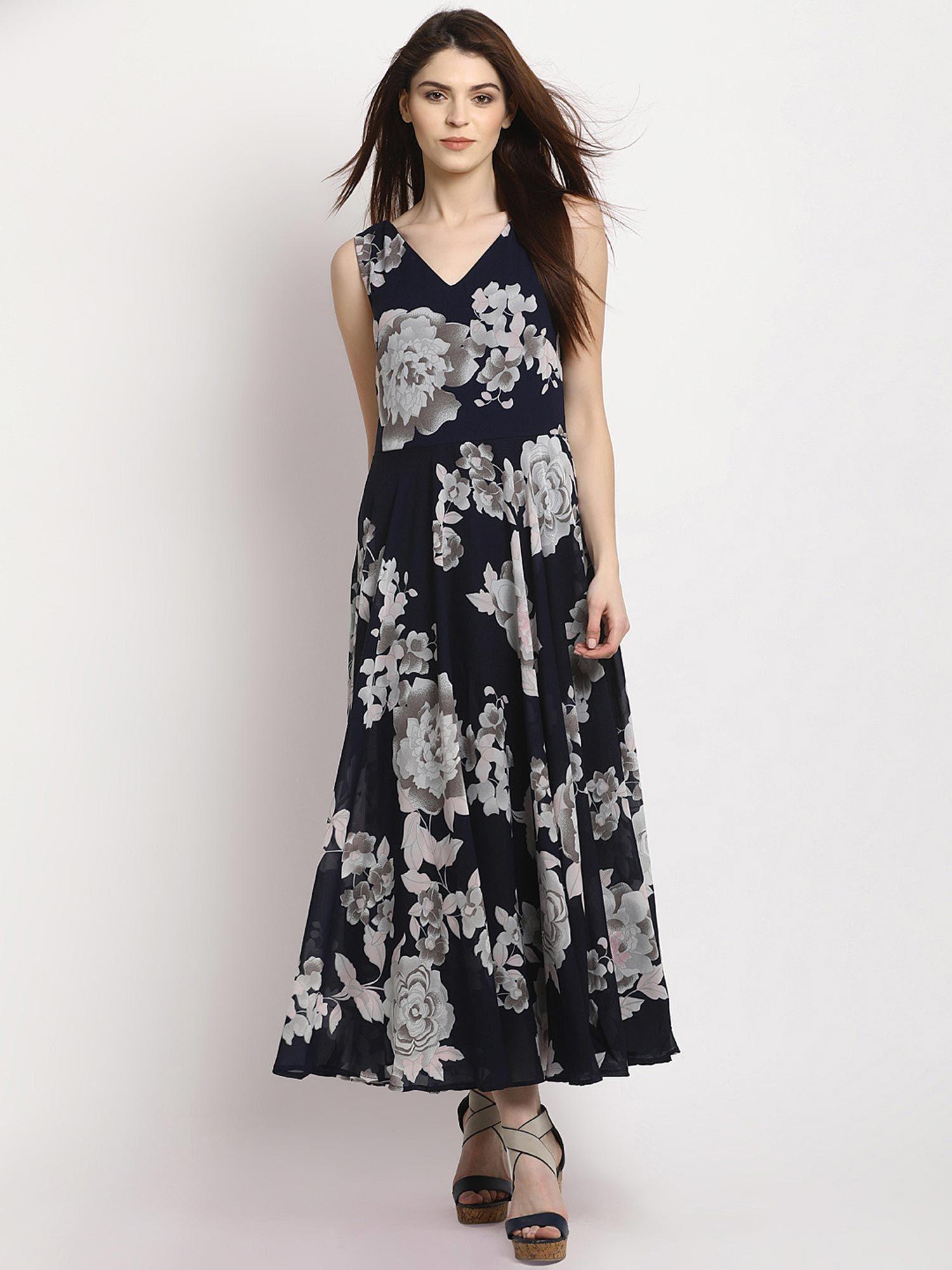 women blue floral print maxi dress