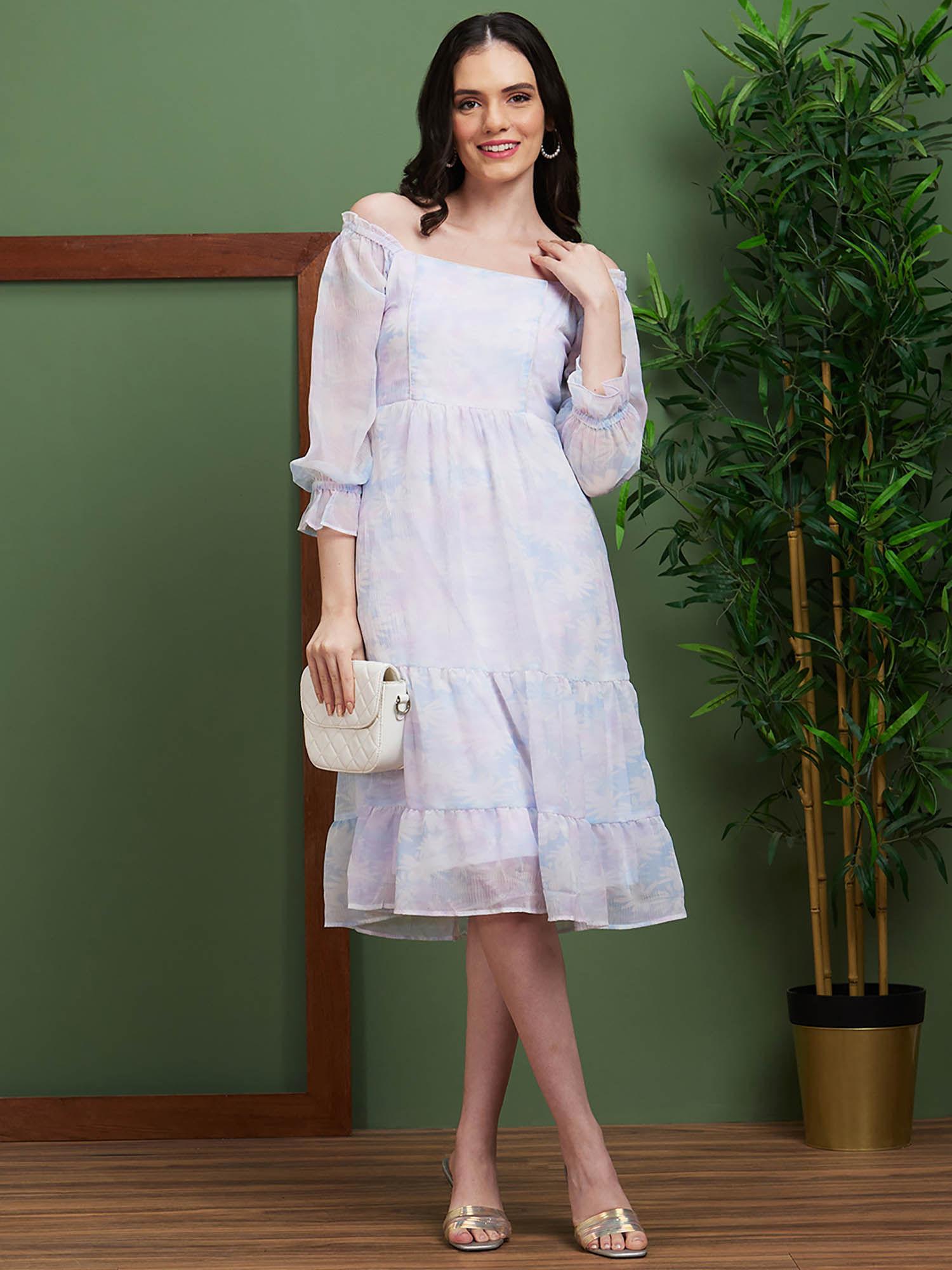 women blue floral print polyester off-shoulder fit & flare casual dress