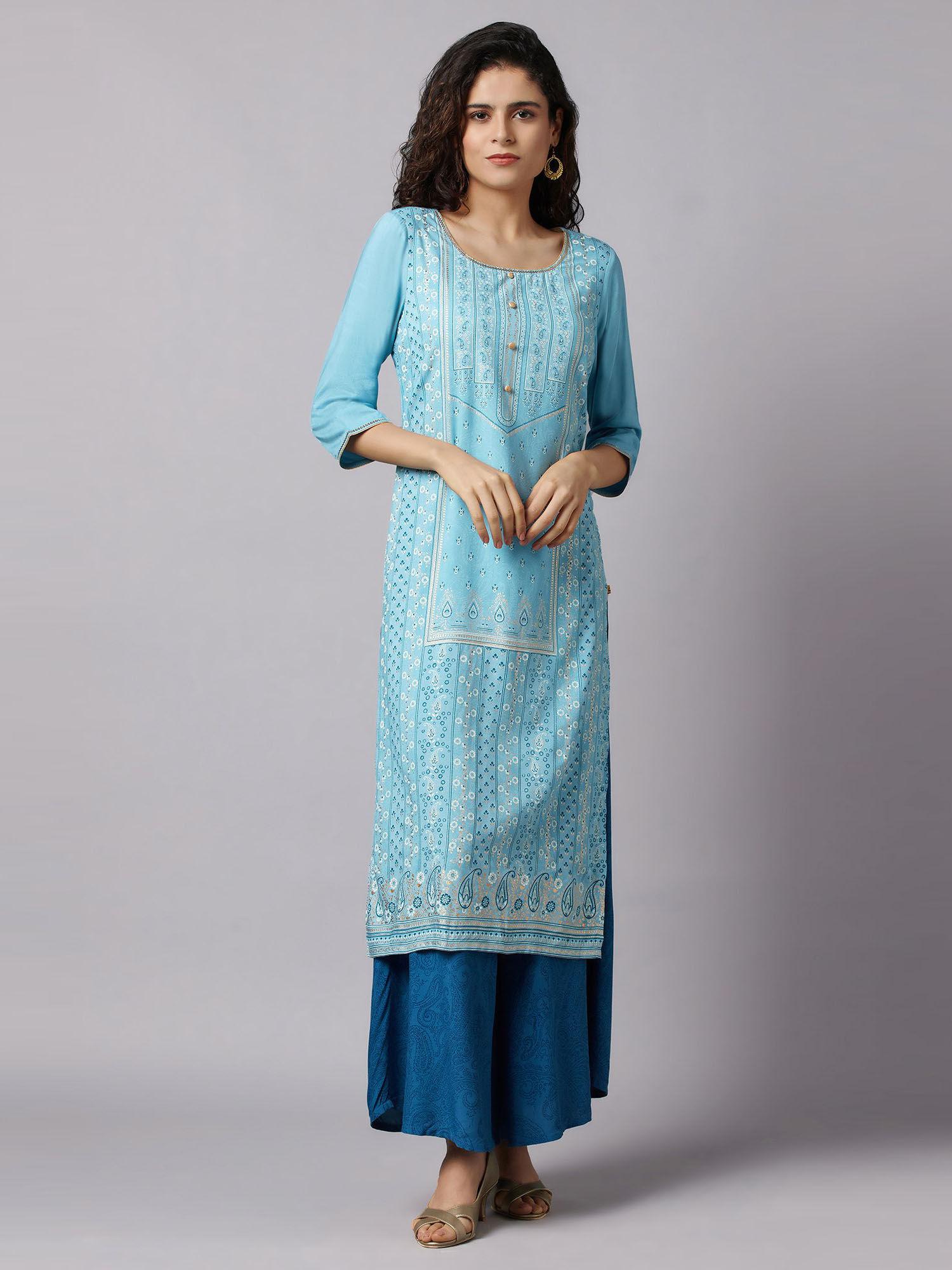 women blue floral print rayon kurta set with culottes