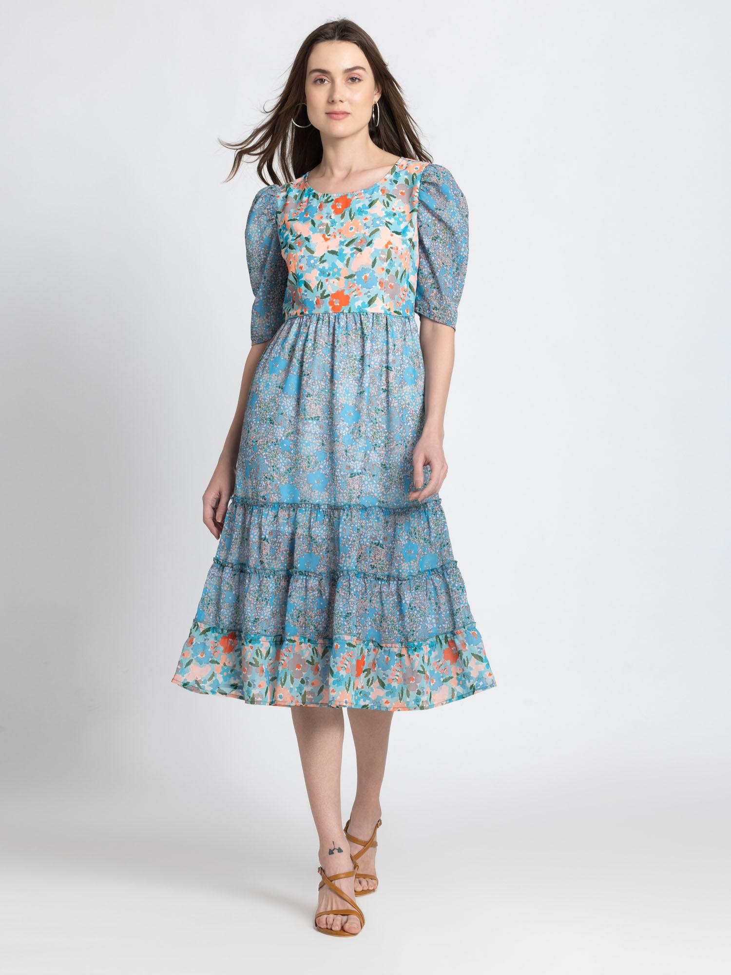 women blue floral print short sleeves casual knee length dress