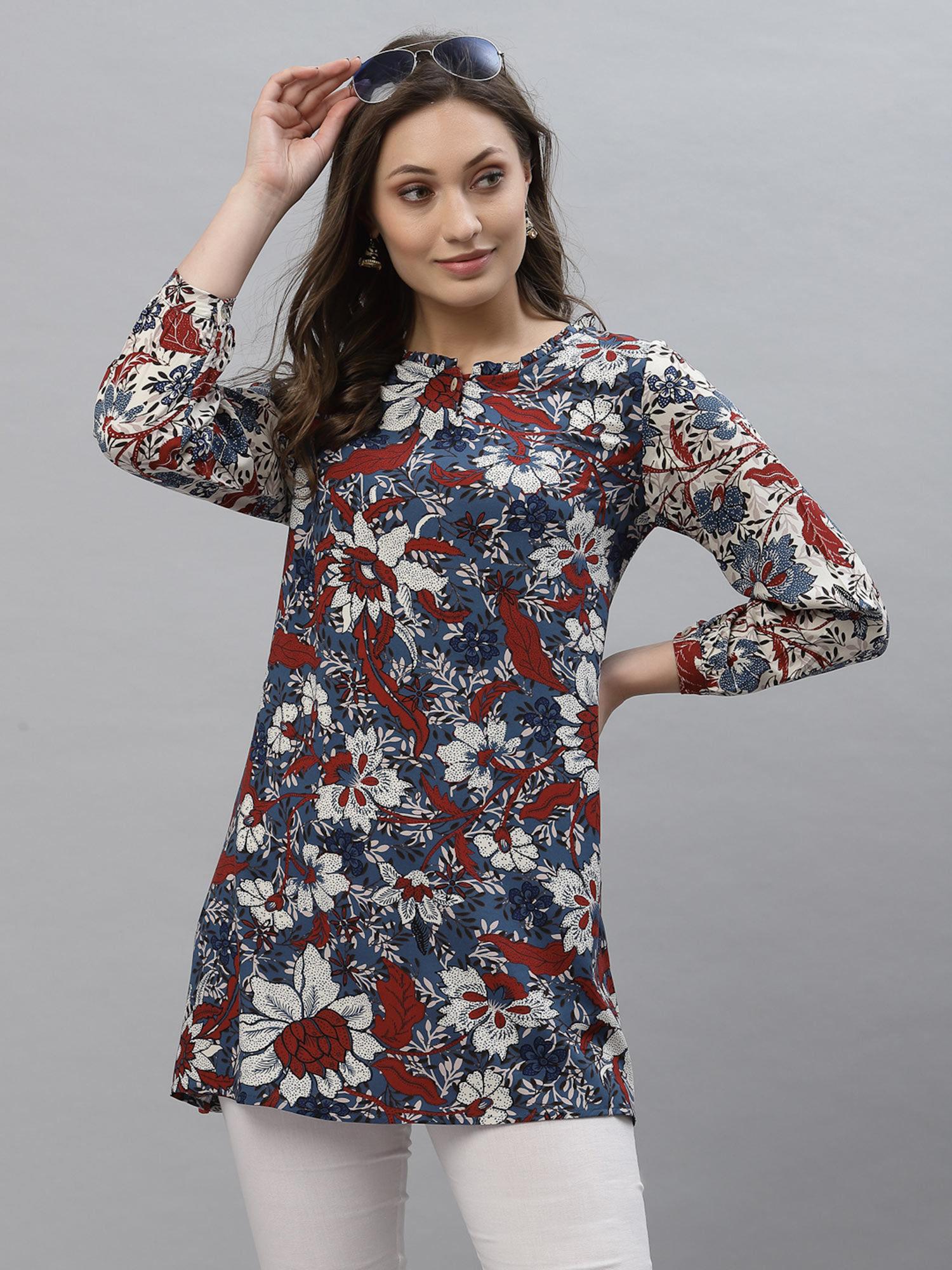 women blue floral print tunic