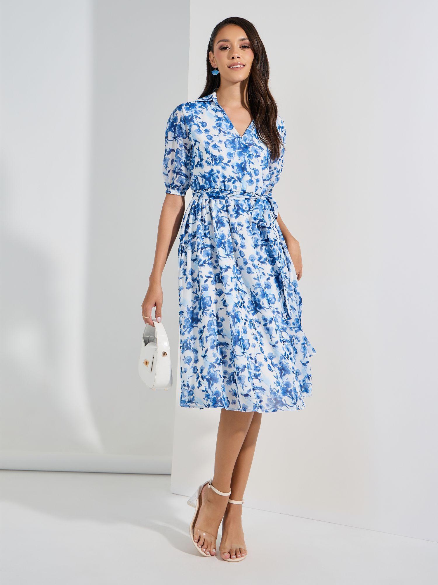 women blue floral print wrap midi dress with belt (set of 2)