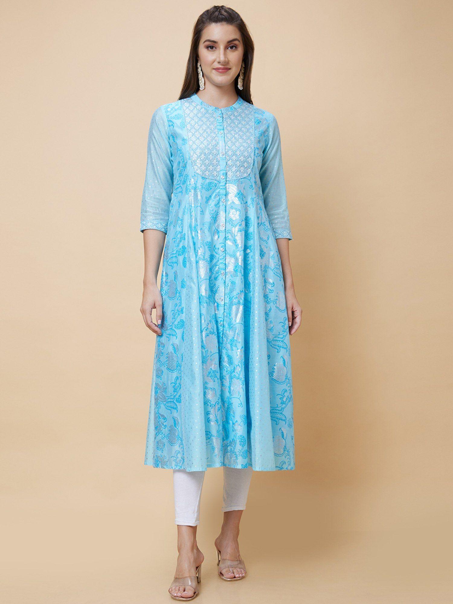 women blue floral print yoke embroidered mandarin collar festive anarkali kurta