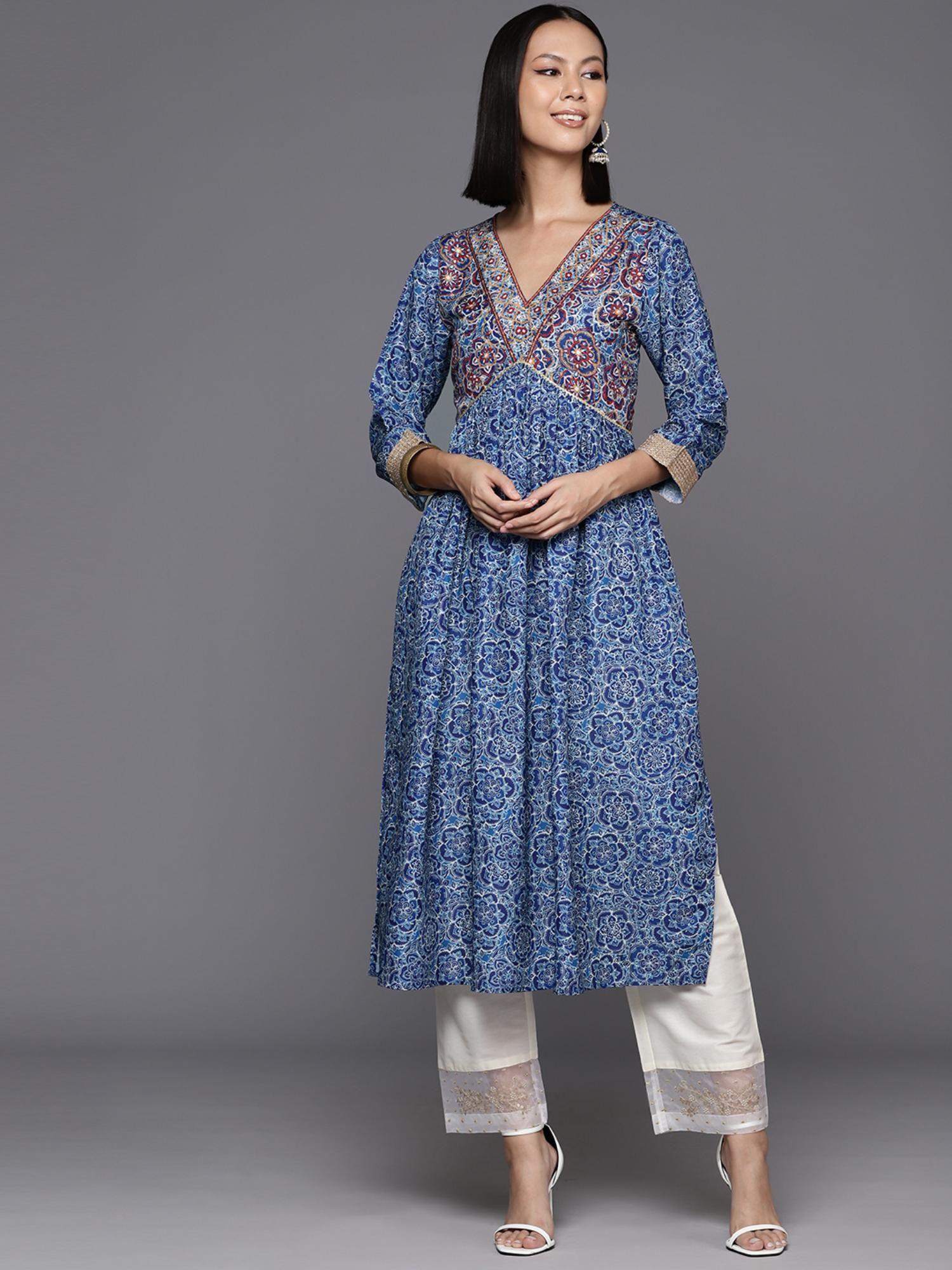 women blue floral printed anarkali kurta