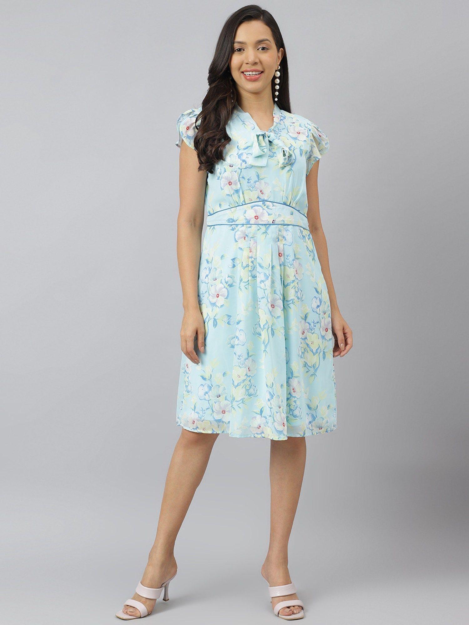 women blue floral printed cap sleeve with tie up neck a line dress