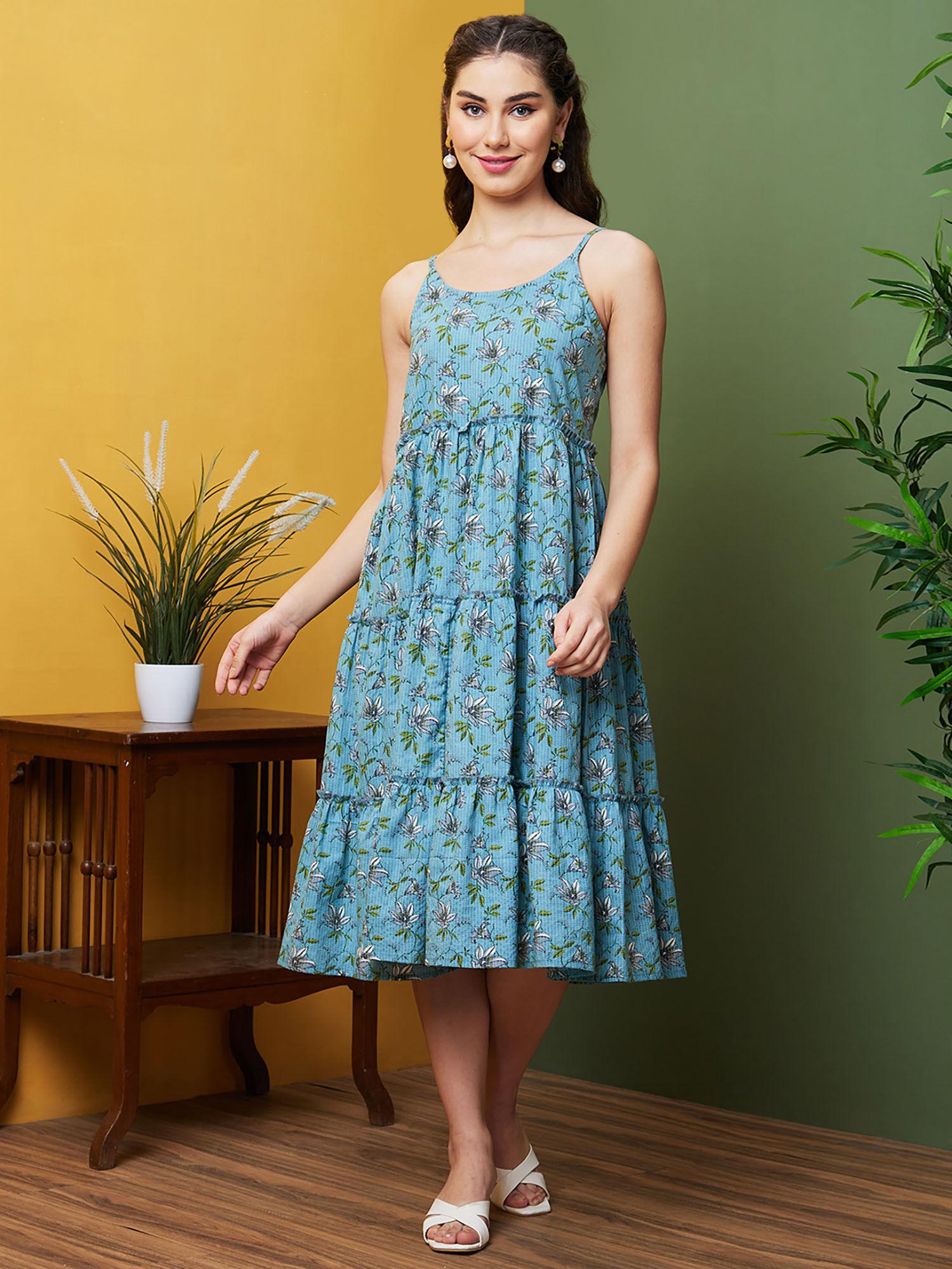 women blue floral printed casual round neck a-line ethnic dresses