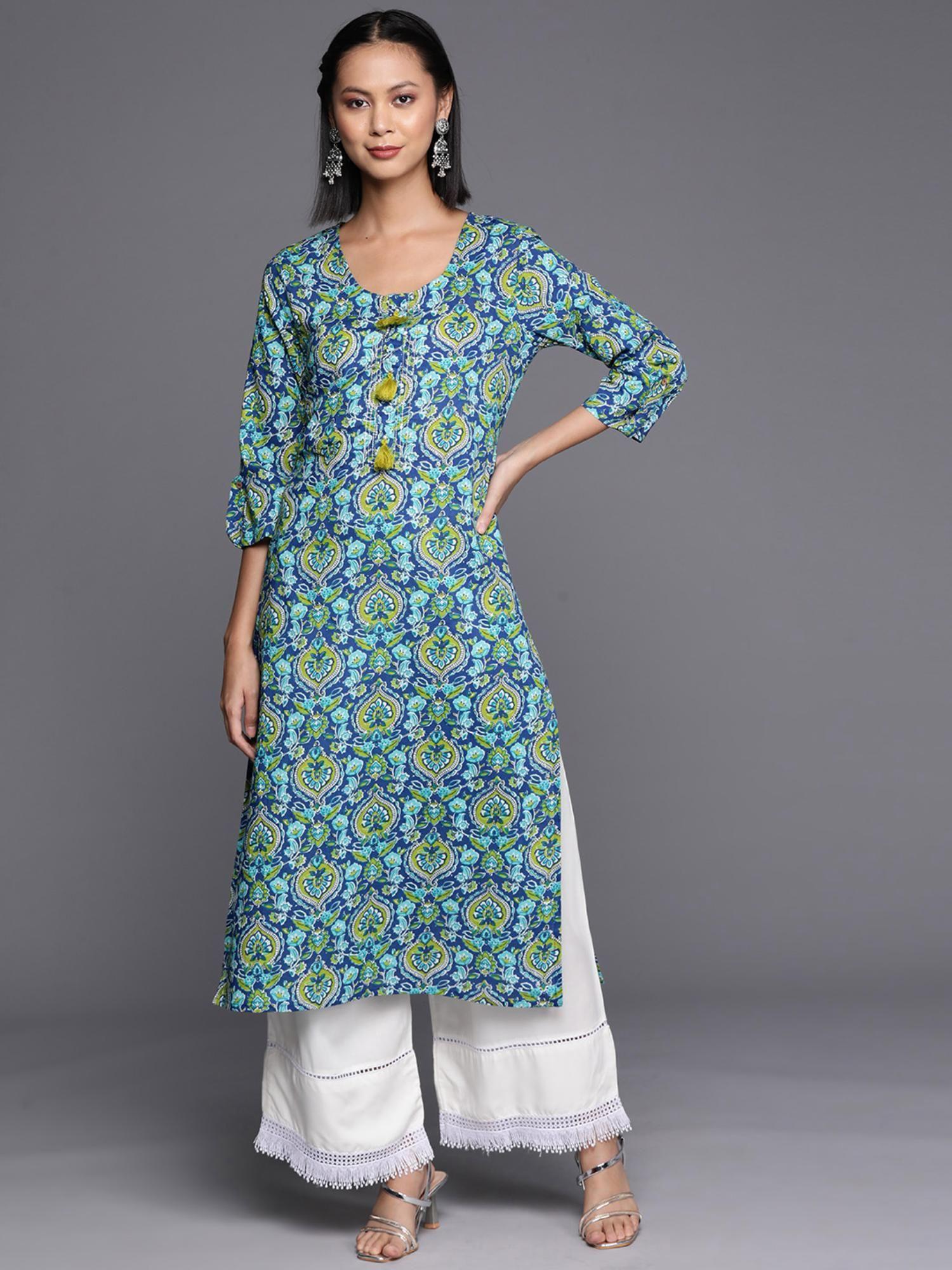 women blue floral printed embellished with sequin straight kurta