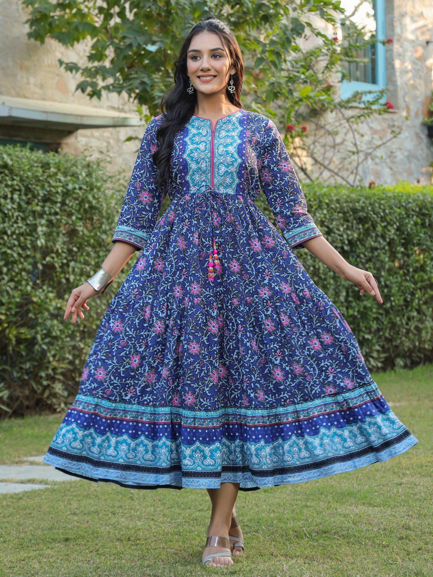women blue floral printed ethnic dresses