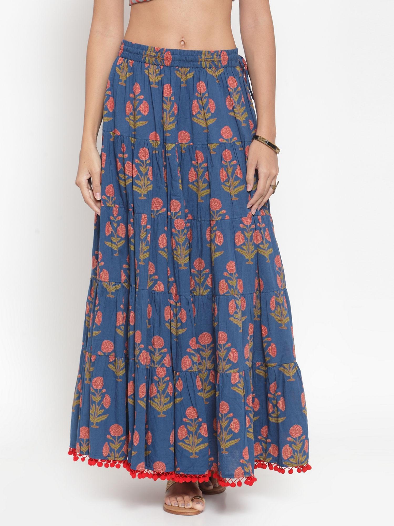 women blue floral printed flared maxi skirt