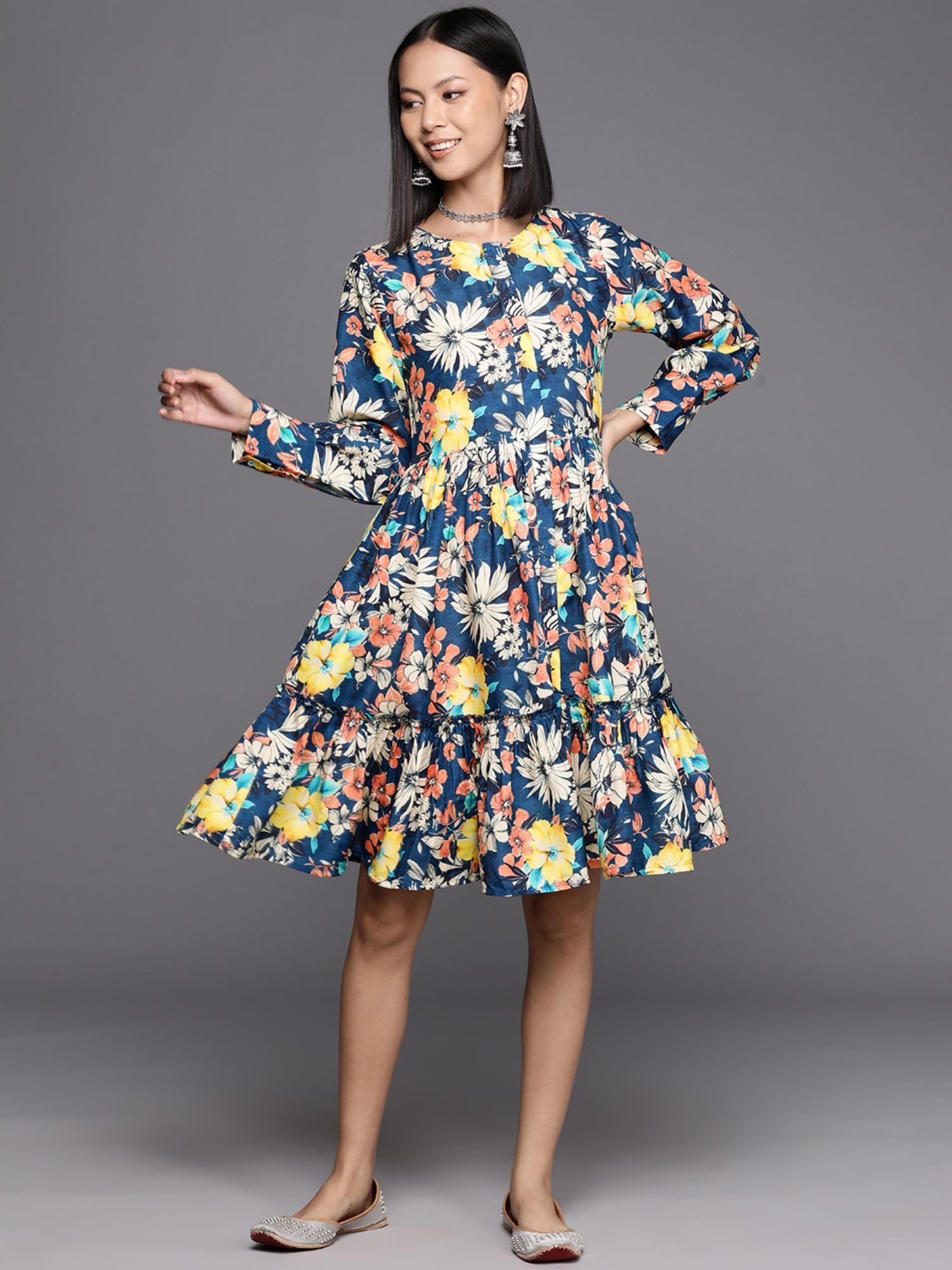 women blue floral printed knee dress