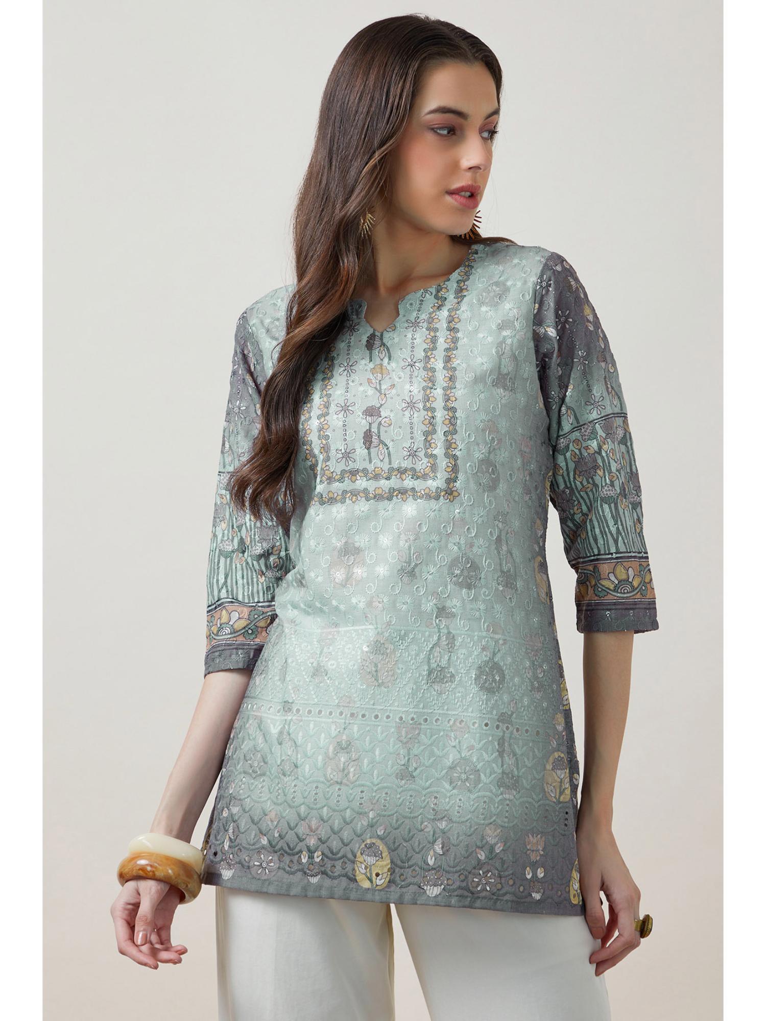 women blue floral printed regular fit cotton kurti