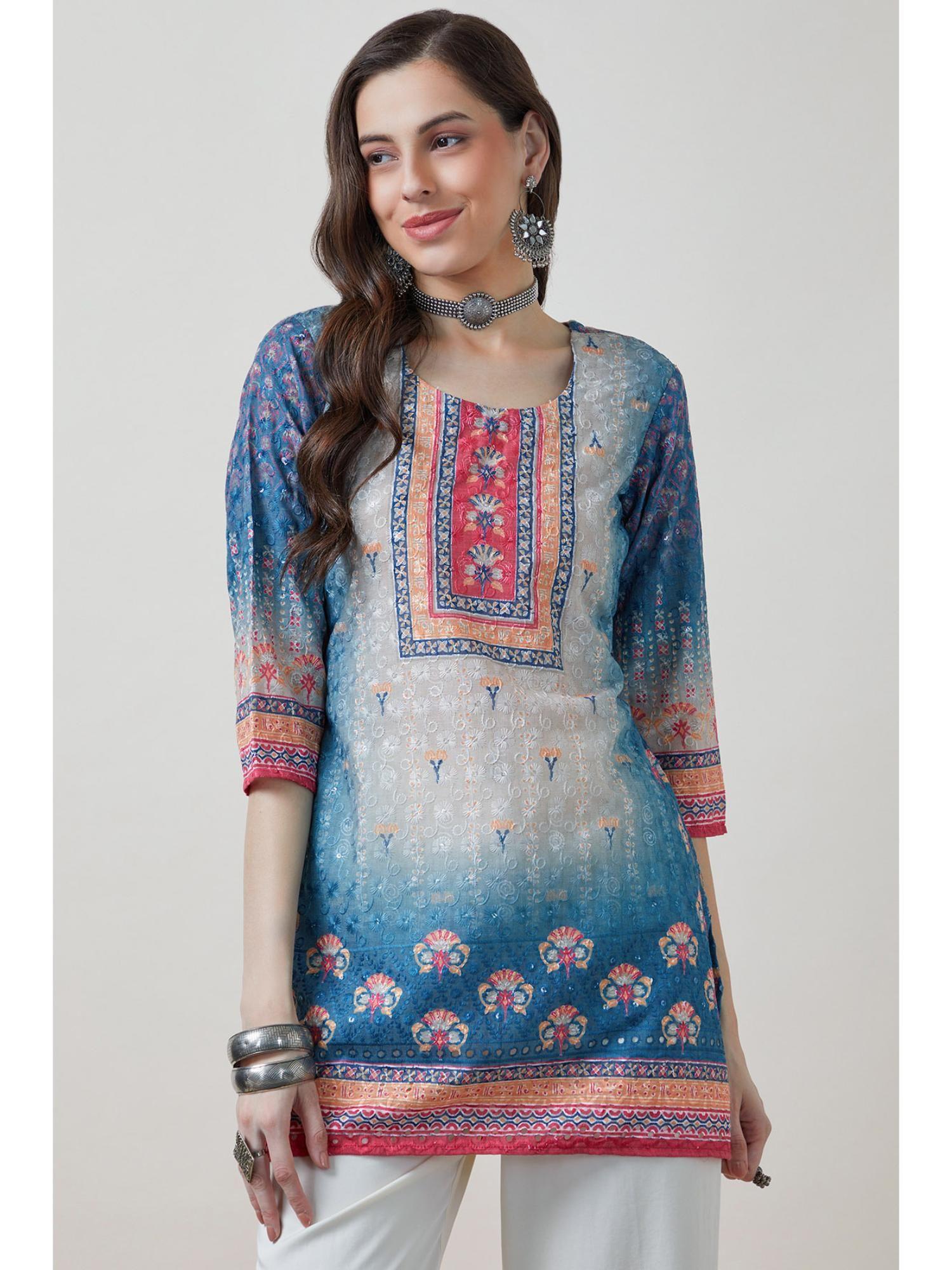 women blue floral printed regular fit cotton kurti