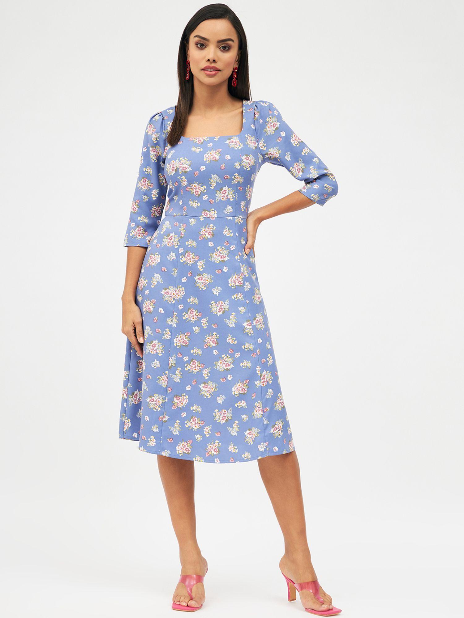 women blue floral printed square neck midi dress