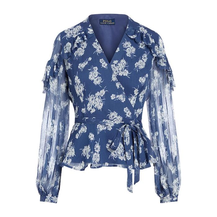 women blue floral ruffle crinkled chiffon wrap top