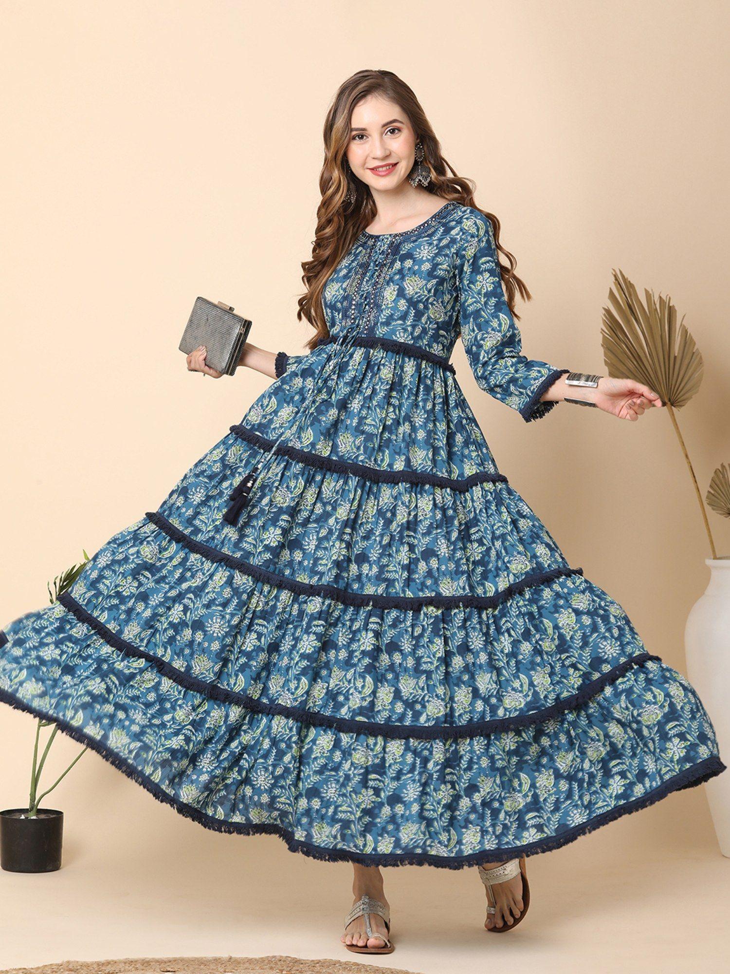 women blue floral yoke maxi dress