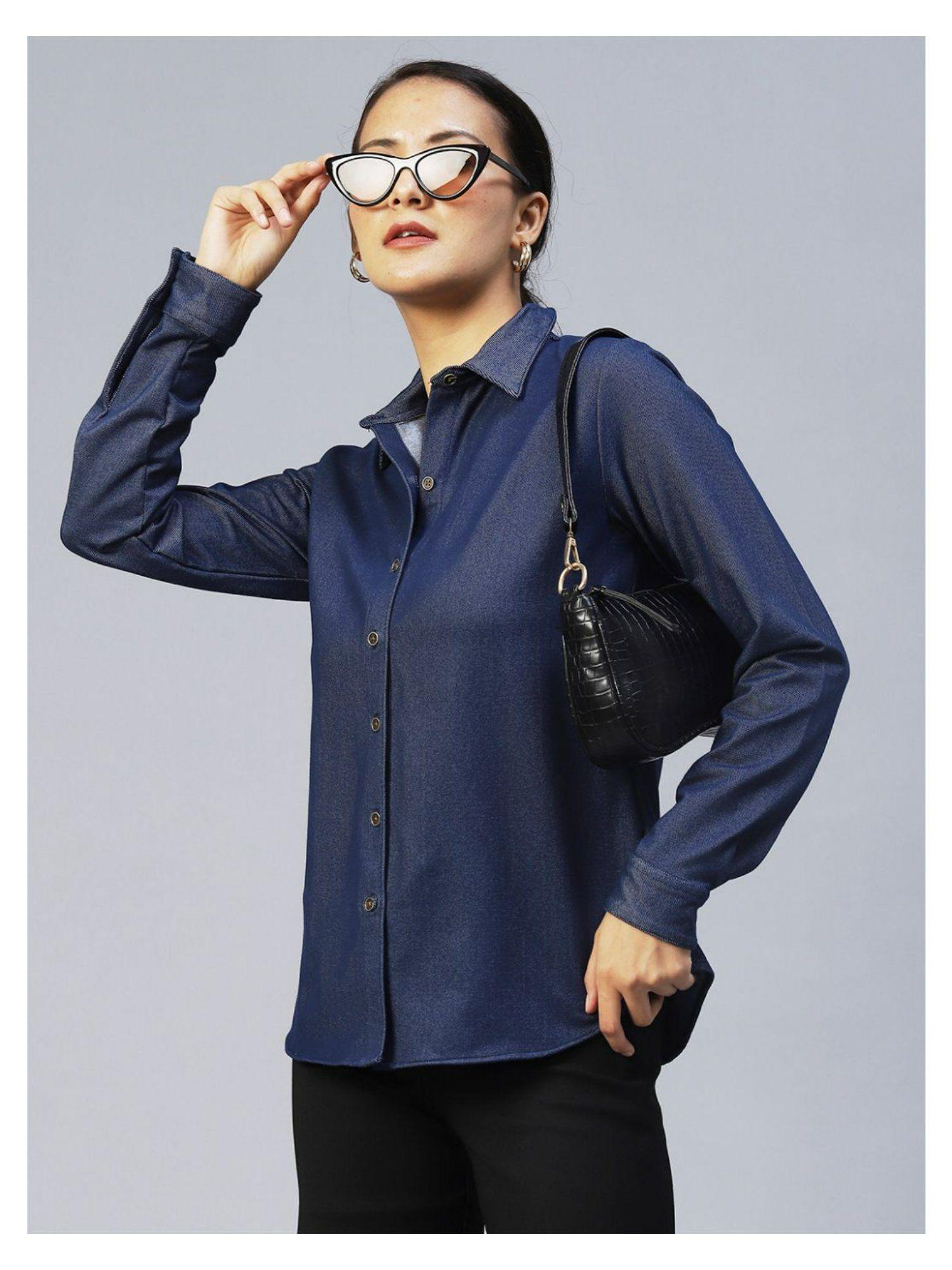 women blue full sleeve denim shirt