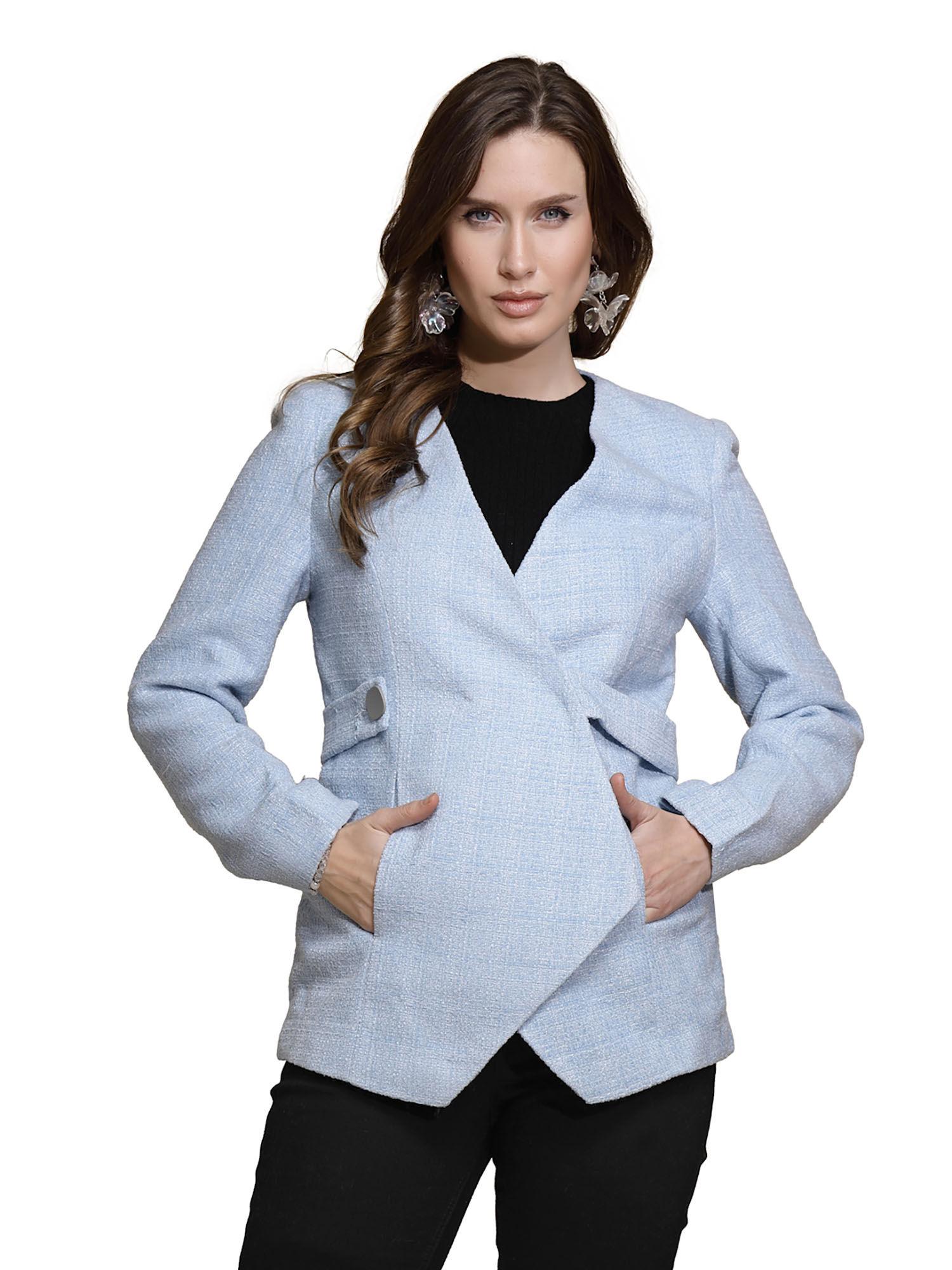 women blue full sleeves collar neck coat