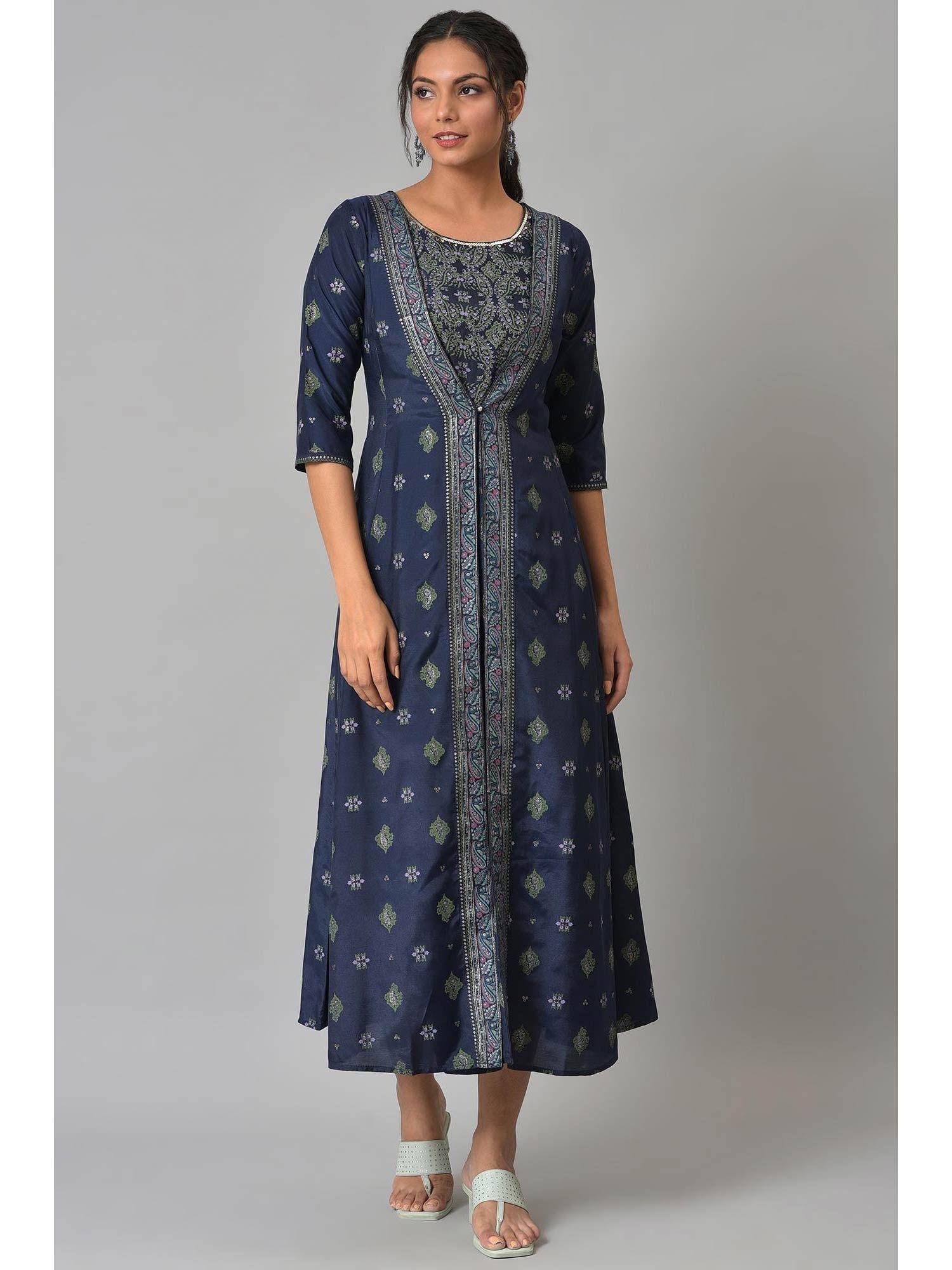 women blue geometric print cotton blend straight kurta