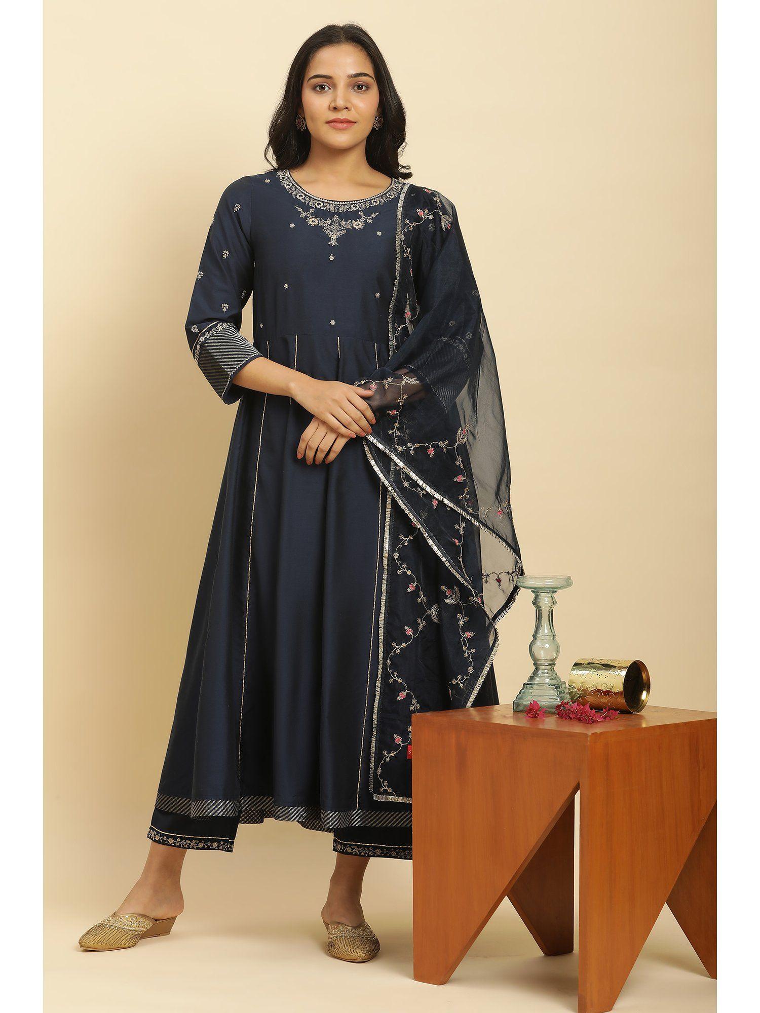 women blue geometric print cotton co-ord kurta set with slim pant