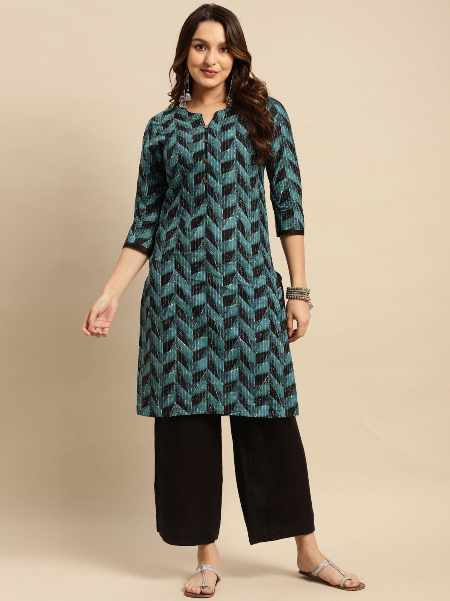 women blue geometric printed knee length straight kurta