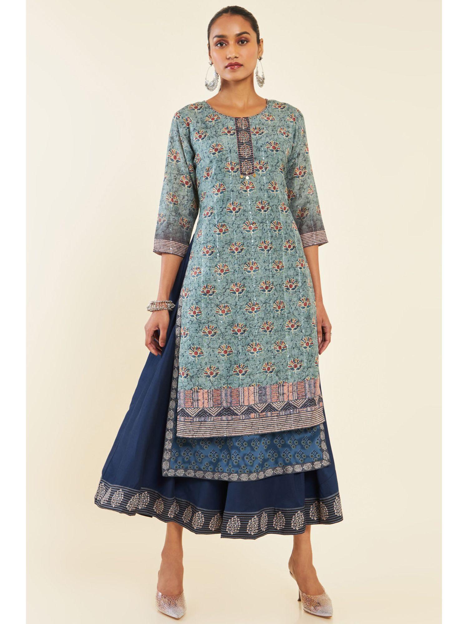 women blue georgette printed dress kurta