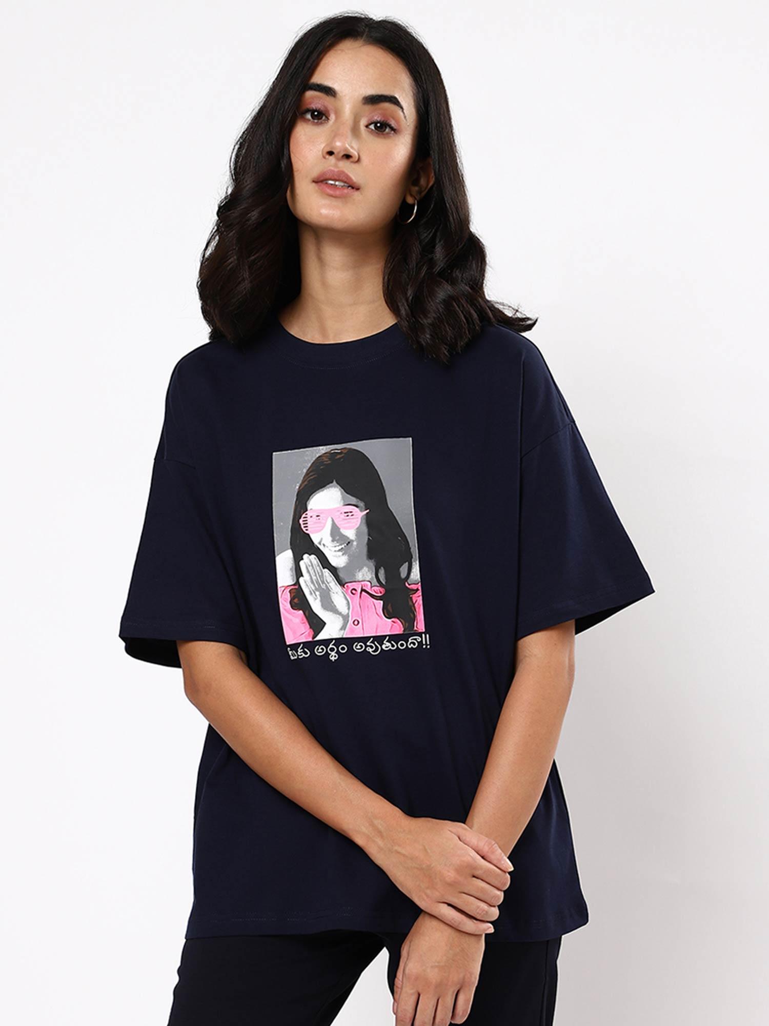 women blue graphic oversized t-shirt