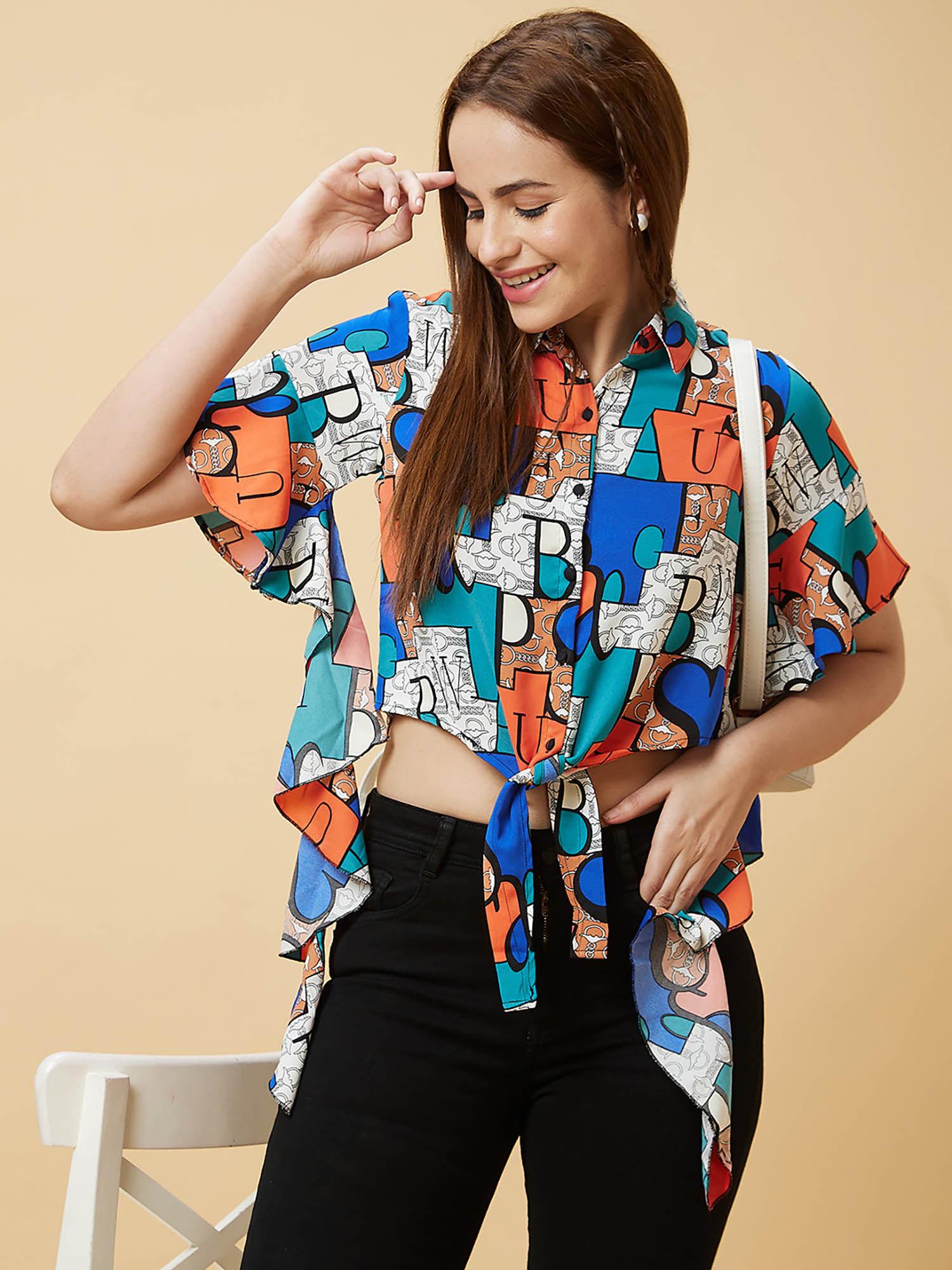 women blue graphic print waist tie-up crop shirt style top