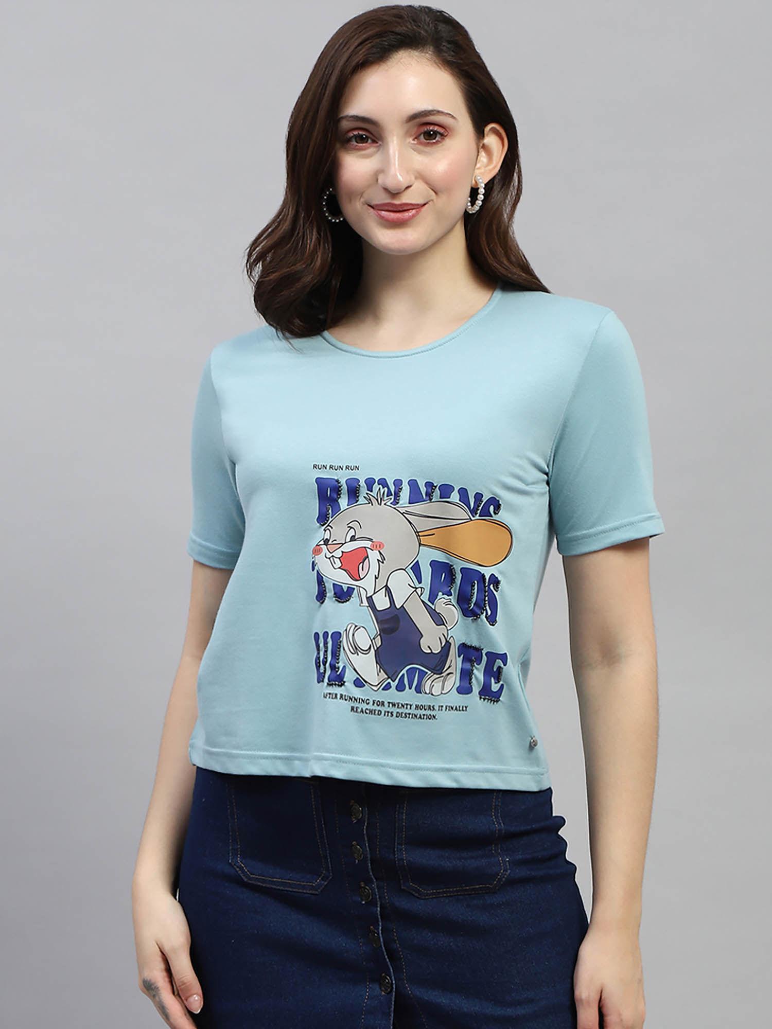 women blue graphic printed half sleeves round neck top