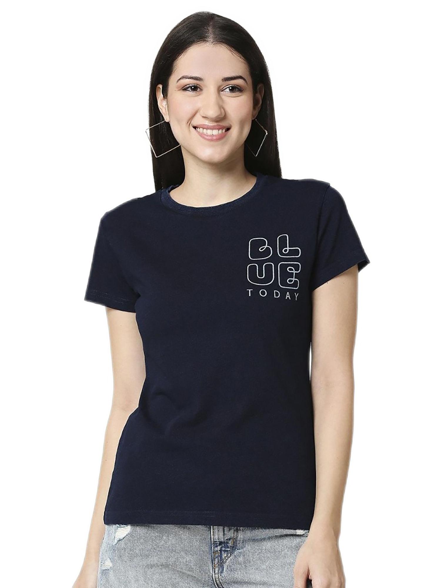 women blue graphic printed slim fit t-shirt